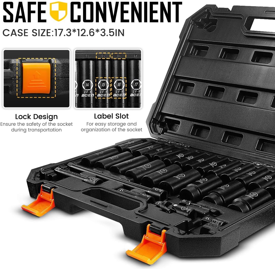 boen 8mm-32mm 1/2” Drive Metric Socket Set, Impact Deep Socket, 6 Point Lug Nut Socket for Auto Repair with Portable Case, CR-V Steel, 29PCS