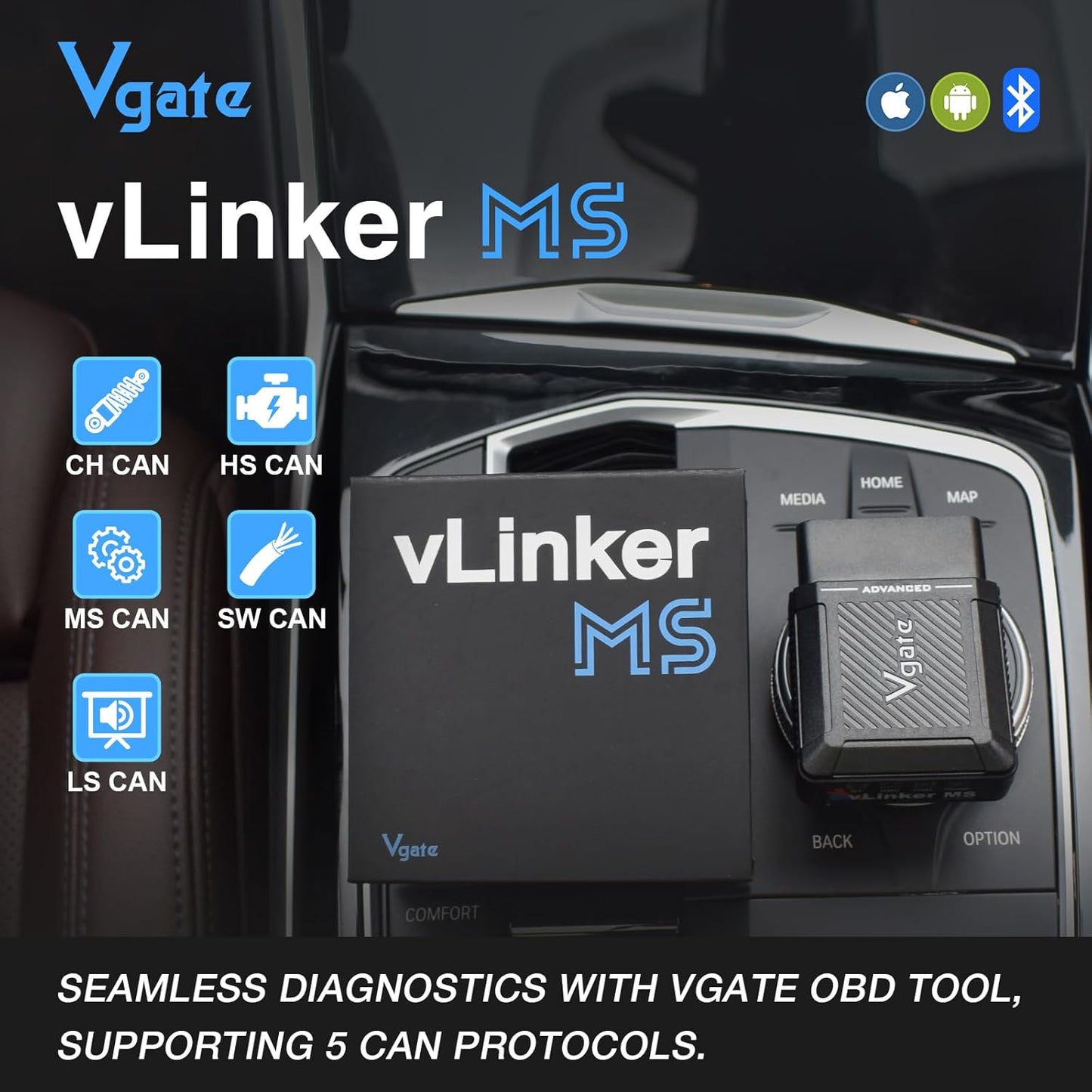 Vgate vLinker MS Bluetooth OBD2 Car Scan Tool for iPhone/iOS, Android & Windows, Supports Multiple CAN Protocols (GMLAN, MS CAN, CH CAN, LS CAN)