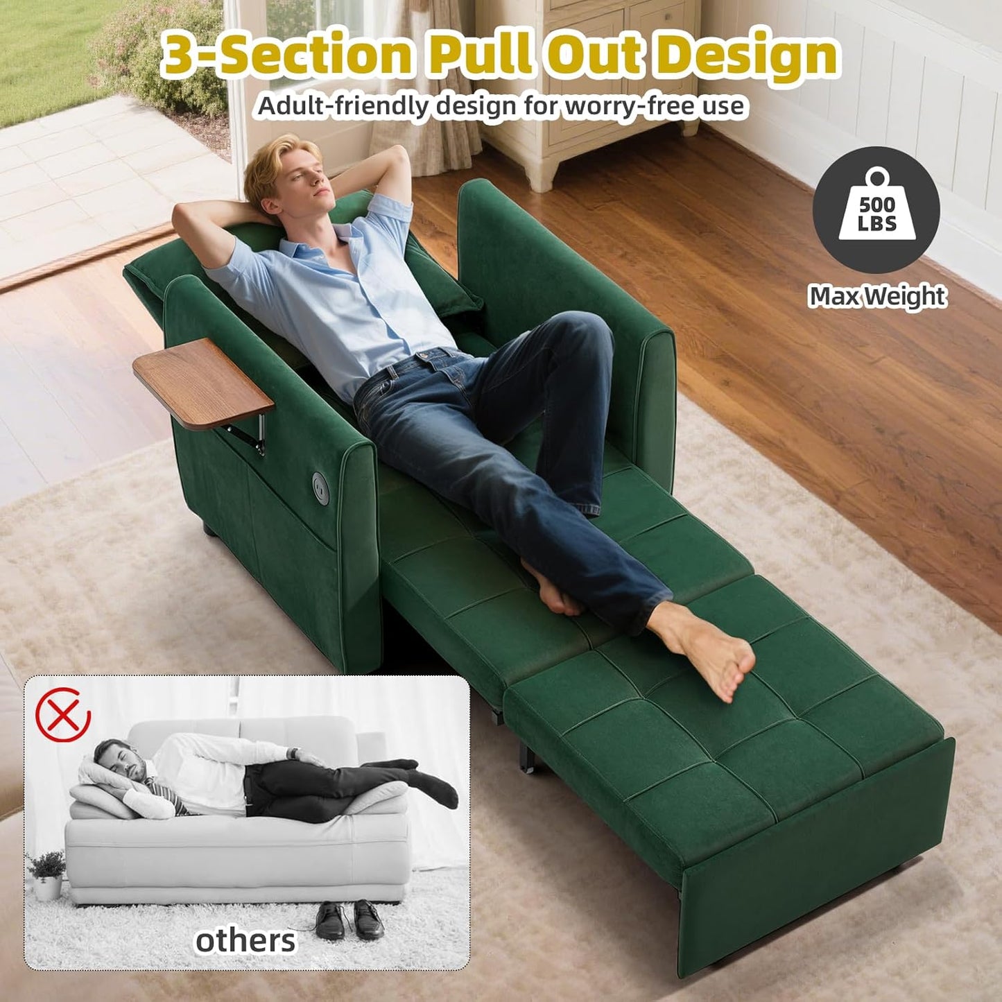 4-in-1 Convertible Sleeper Chair Bed for Adult, 90" Extra Long Pull-Out Sleeper Sofa Bed with Wing Table, USB Charging & Bottom Storage, Single Sleeping Chair for Living Room, Green