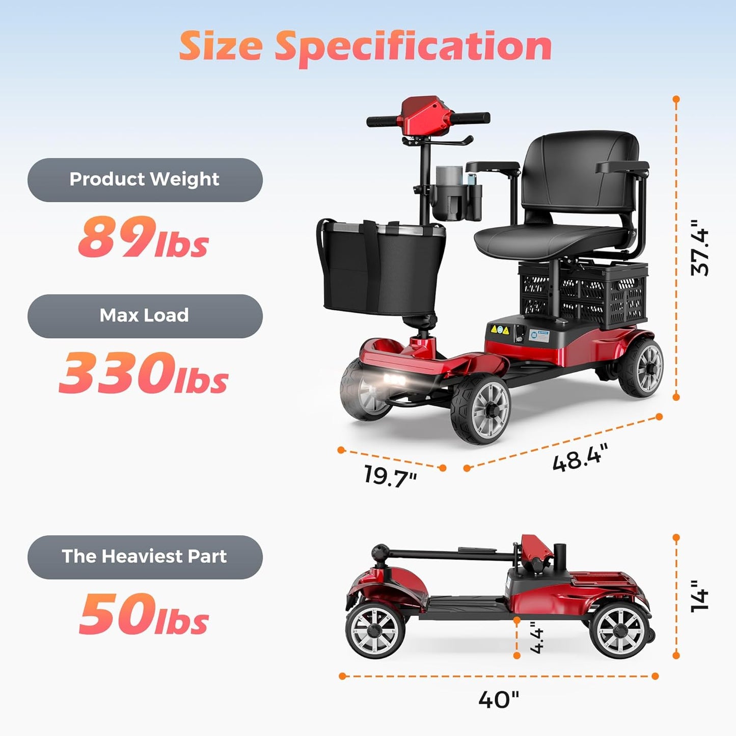 4 Wheel Mobility Scooter for Adults - Foldable Motorized Scooters 330 lb Capacity with Removable Battery, Dual Basket, Phone & Cup Holder, Red