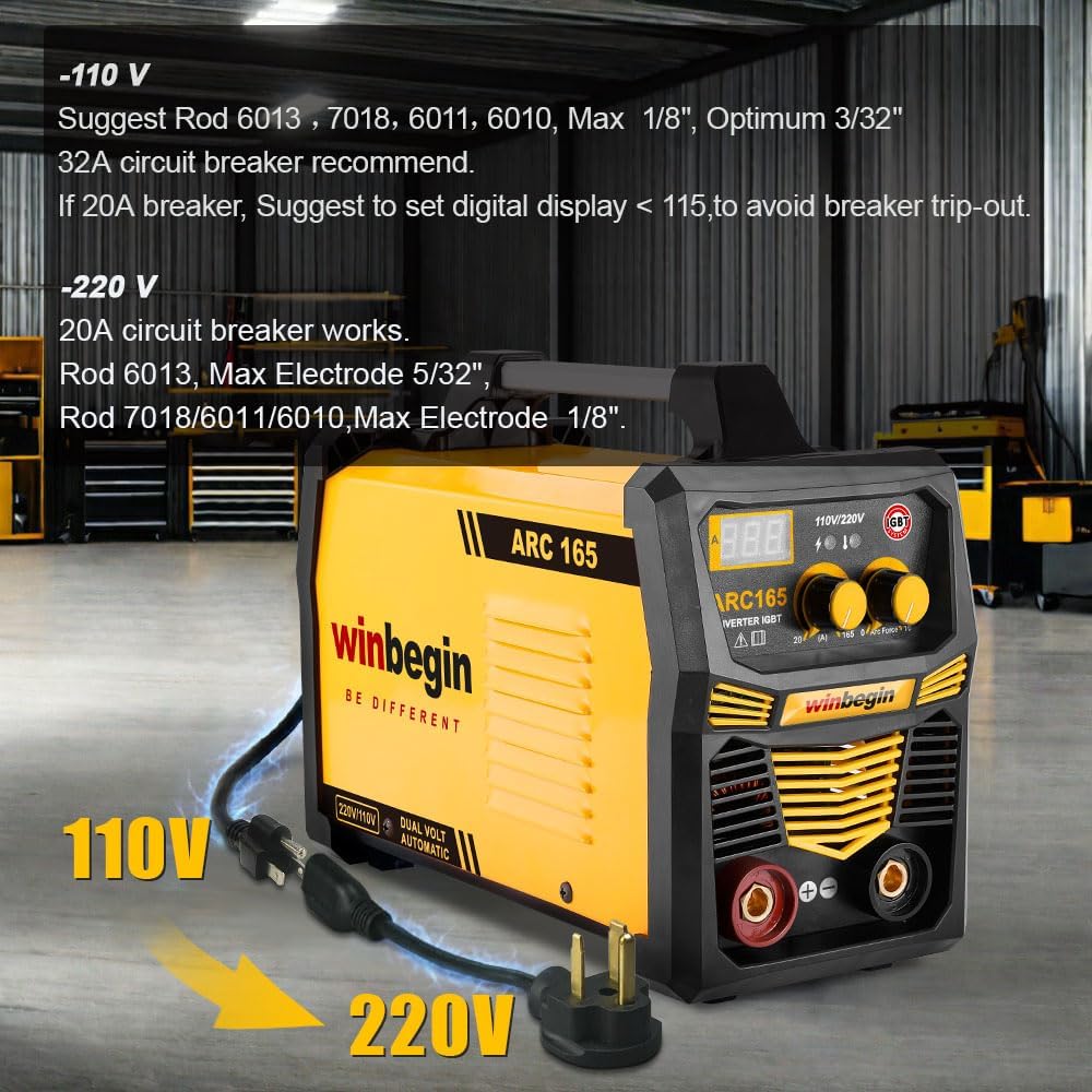 110V/220V arc welding machine,digital display,165A max rod 5/32" heavy duty stick welder,easy welding,design for beginners with Electrode Holder,Work Clamp, Power Adapter and Brush