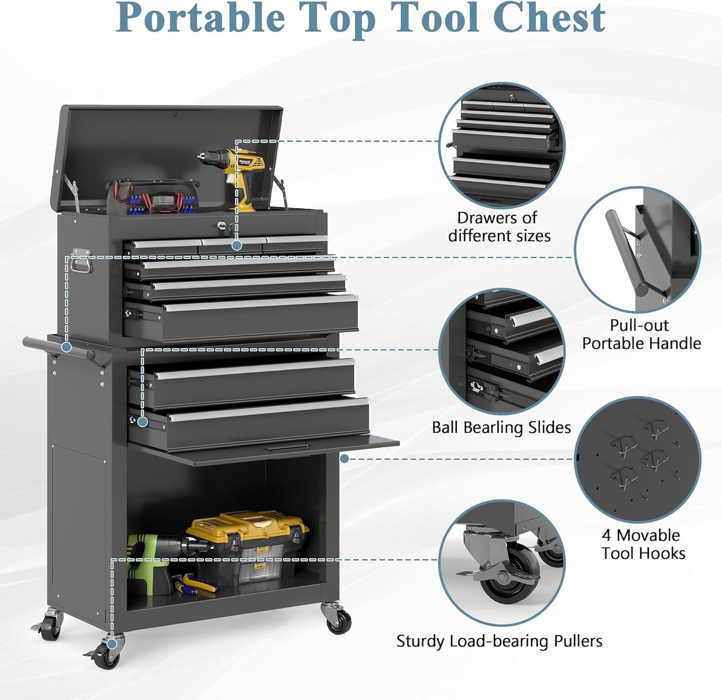 Tool Chest, 8 Drawers Rolling Tool Cabinet, Removable Cabinet Storage Tool Box with Hooks and Liners,Universal Lockable Wheels, Metal Tool Storage Cart, Tool Box for Garage, Workshop