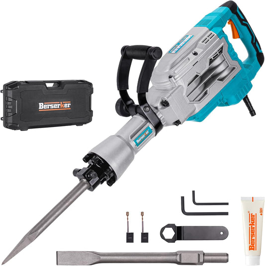 Berserker 1700W 30-Pound Demolition Jack Hammer with 1-3/16" Hex, 14-Amp Corded Electric Heavy Duty Demo Chipping Hammer Concrete/Pavement Breaker with Carrying Case Flat Chisel Bull Point Chisel