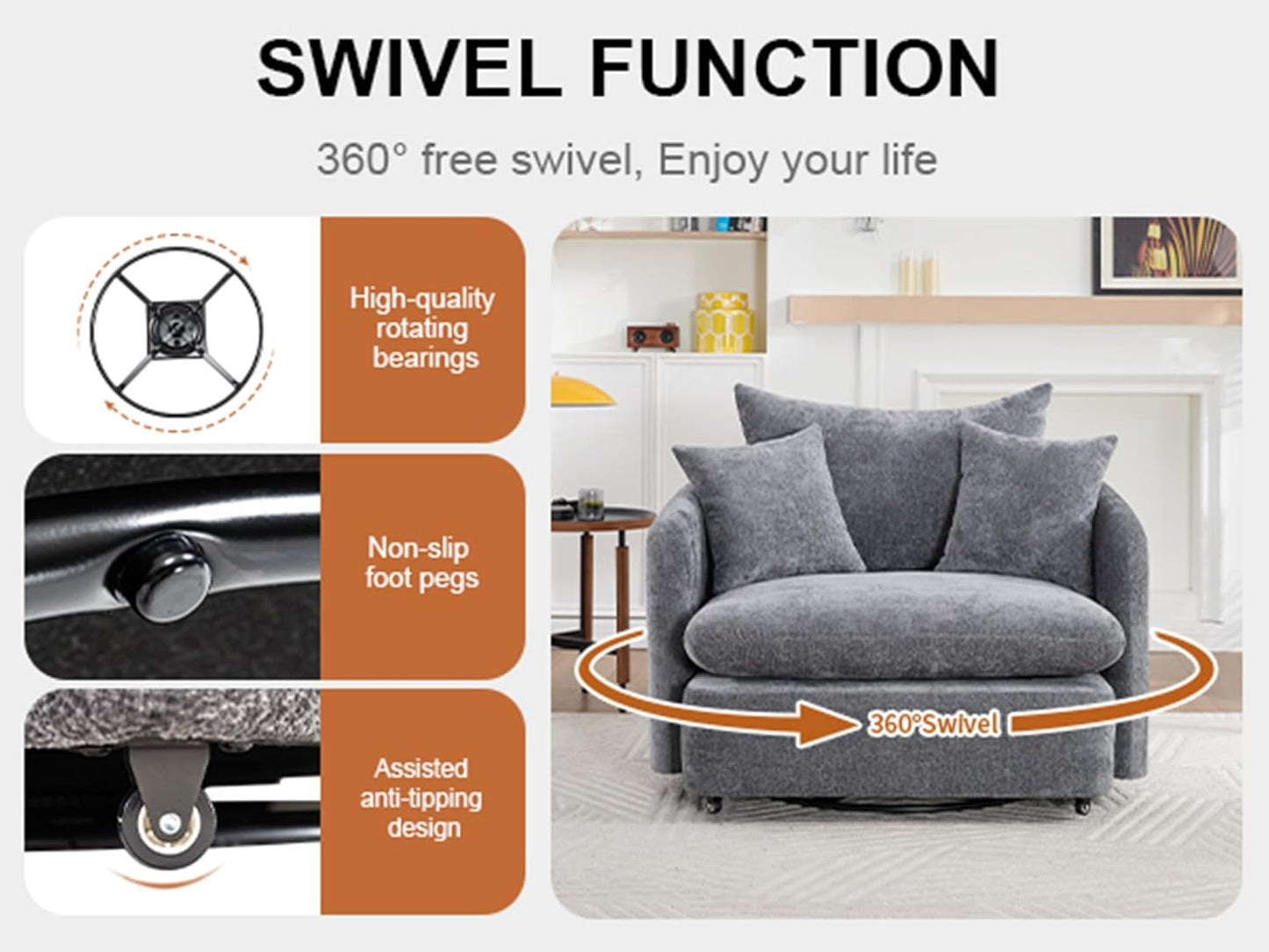 46" Oversized Swivel Accent Chair with Ottoman Set, Upholstered 360° Swivel Barrel Chair and A Half with Ottoman, Extra Wide Seat Lounge for Living Room, Reading, Bedrooms