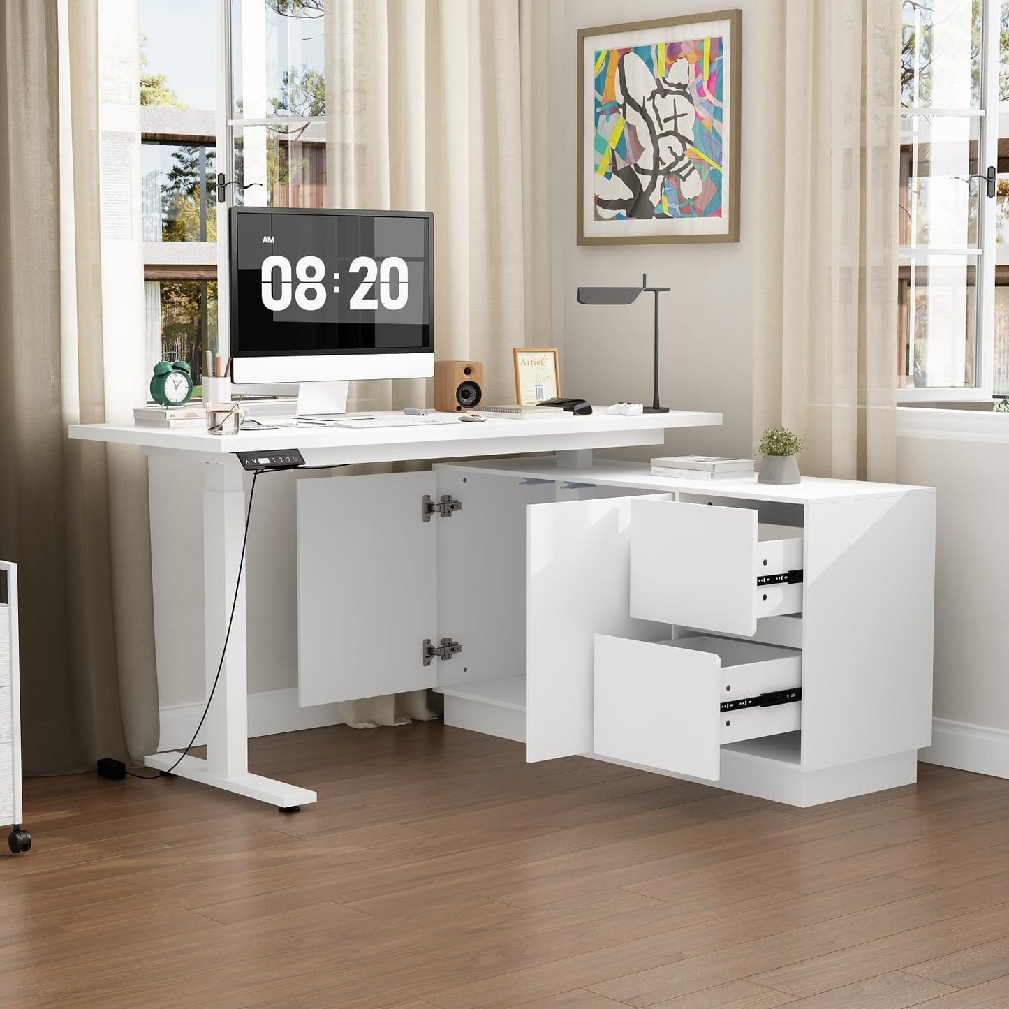 54.3" L Shaped Electric Standing Desk with File Cabinet, Height Adjustable Stand up Desk with Drawers, Home Office Computer Gaming Table, White