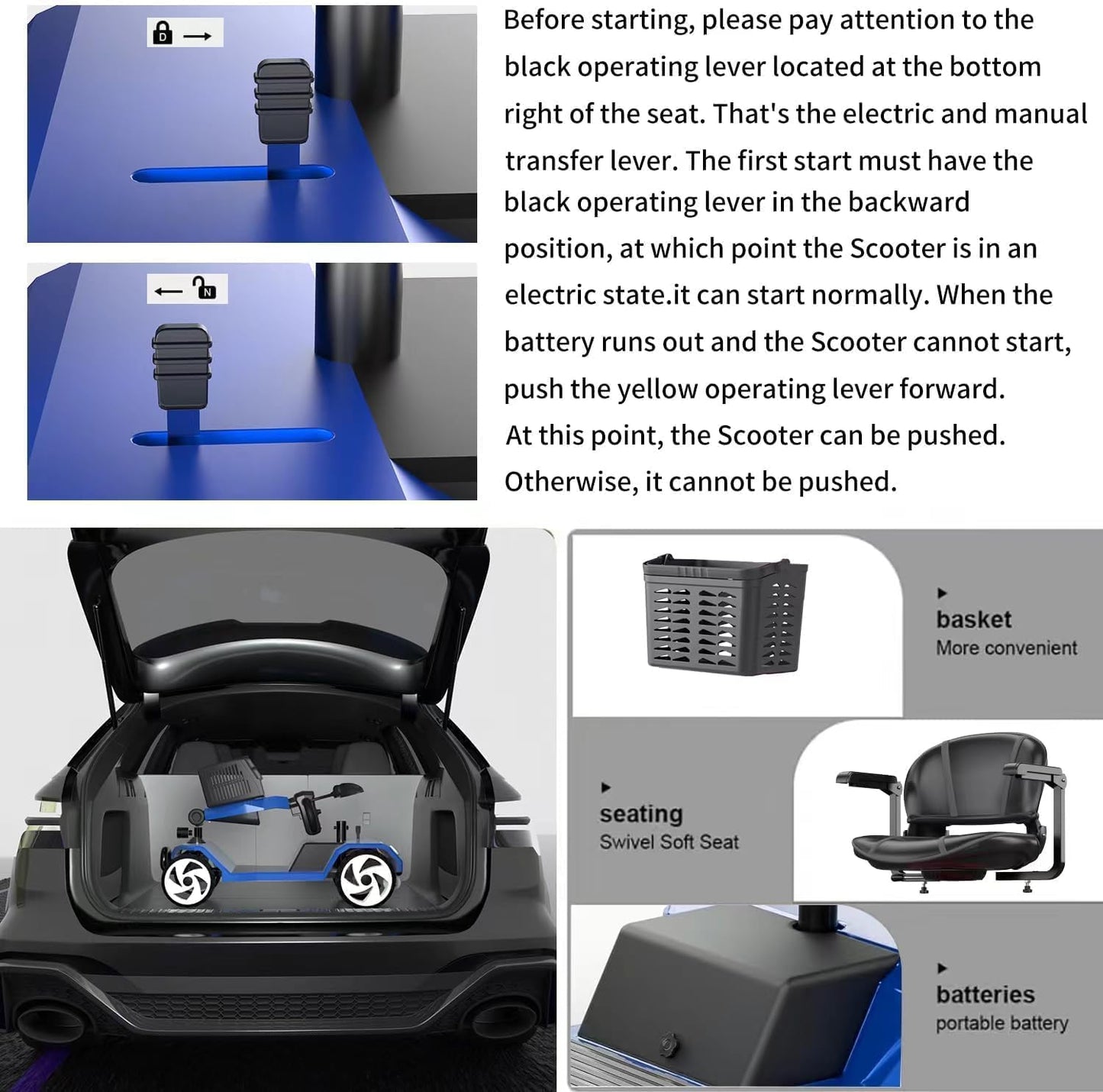 20A 32 Miles Electric Mobility Scooter for Adults Wheelchair Device for Travel, Elderly. 350 lbs Max Weight, 350W Heavy Duty Mobility Scooters for Seniors wiht Two Baskets(Y3-Blue)