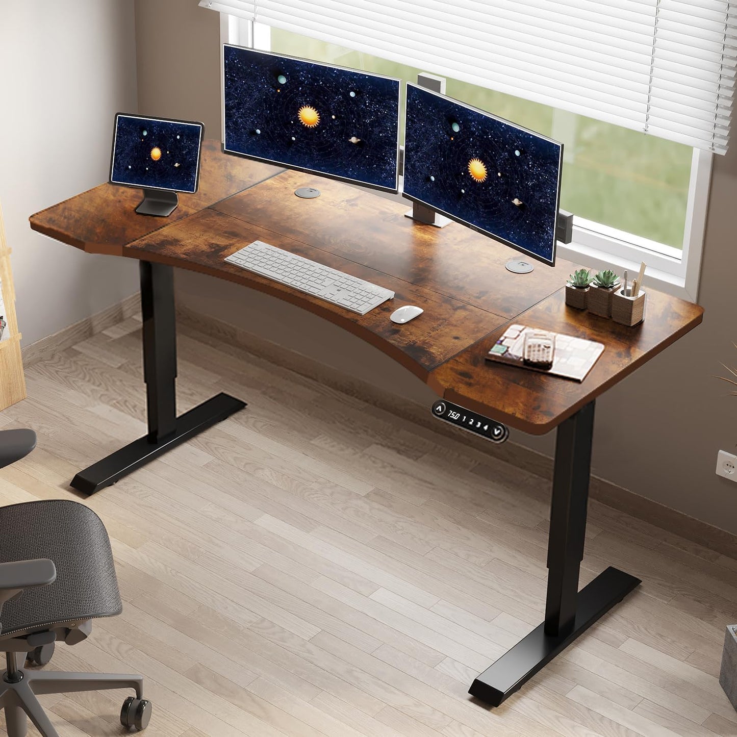 48 X 24 inch Electric Height Adjustable Standing Desk, Computer Table for Home Office Desk with Black Frame & Rustic Brown Top