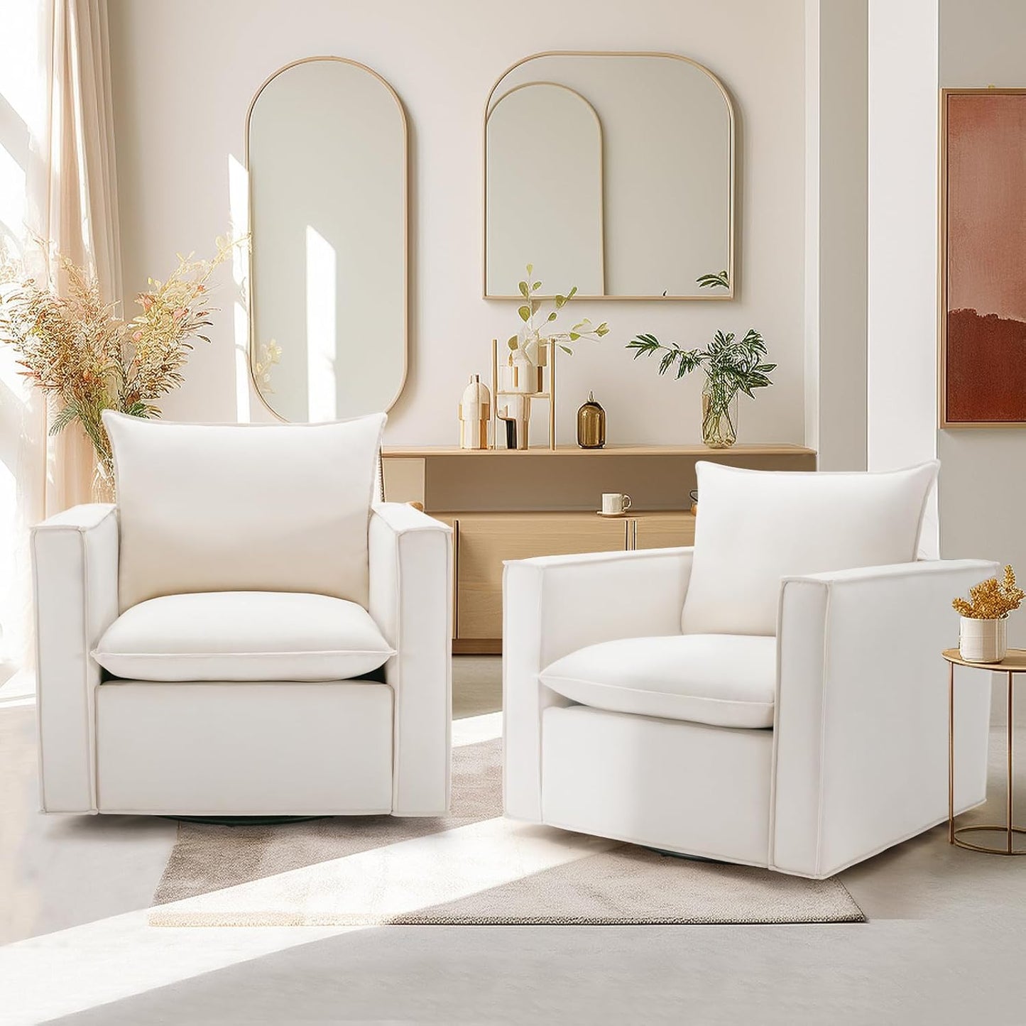 Swivel Accent Chair, 34 Inches Wide Upholstered Arm Chair with Plump Back Pillow, Modern Sofa Living Room Chair for Bedroom, Corner, Reading Nook-Beige