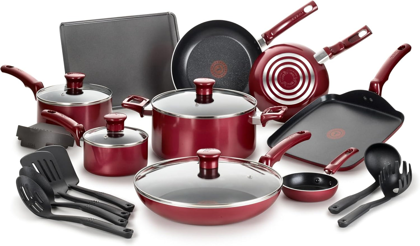 T-fal Initiatives Nonstick Cookware Set 18 Piece, Oven Broiler Safe 350F, Kitchen Cooking Set w/Fry Pans, Saucepans, Saute Pan, Dutch Oven, Griddle, Pots and Pans, Home, Dishwasher Safe, Red