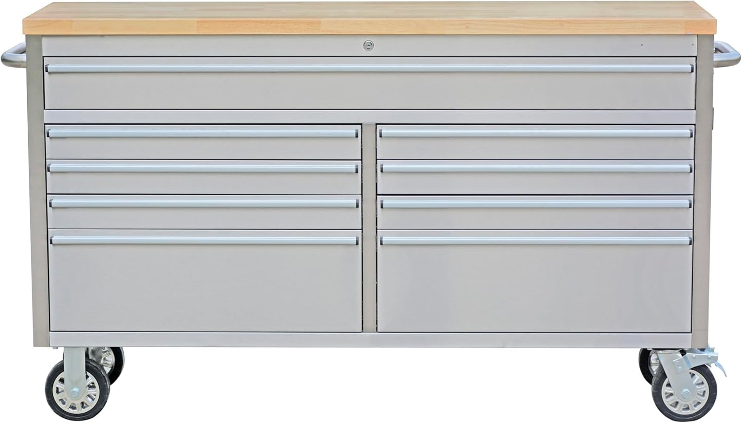 61 inch Rolling Tool Chest, Garage Workbench with 15 Drawers, Solid Rubber Wood Top & with Wheels Lock Key Locking, Mobile Workstation Tool Cabinet for Workshop Storage