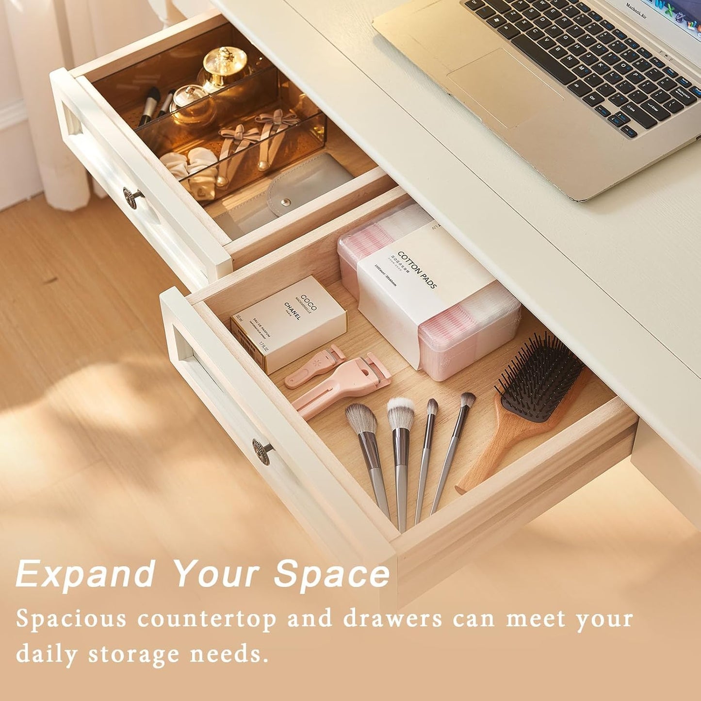 ADORZ White Desk with Drawers, 47 Inch Home Office Desks Solid Wood Writing Desk for Home Office, Study Workspace or Bedroom