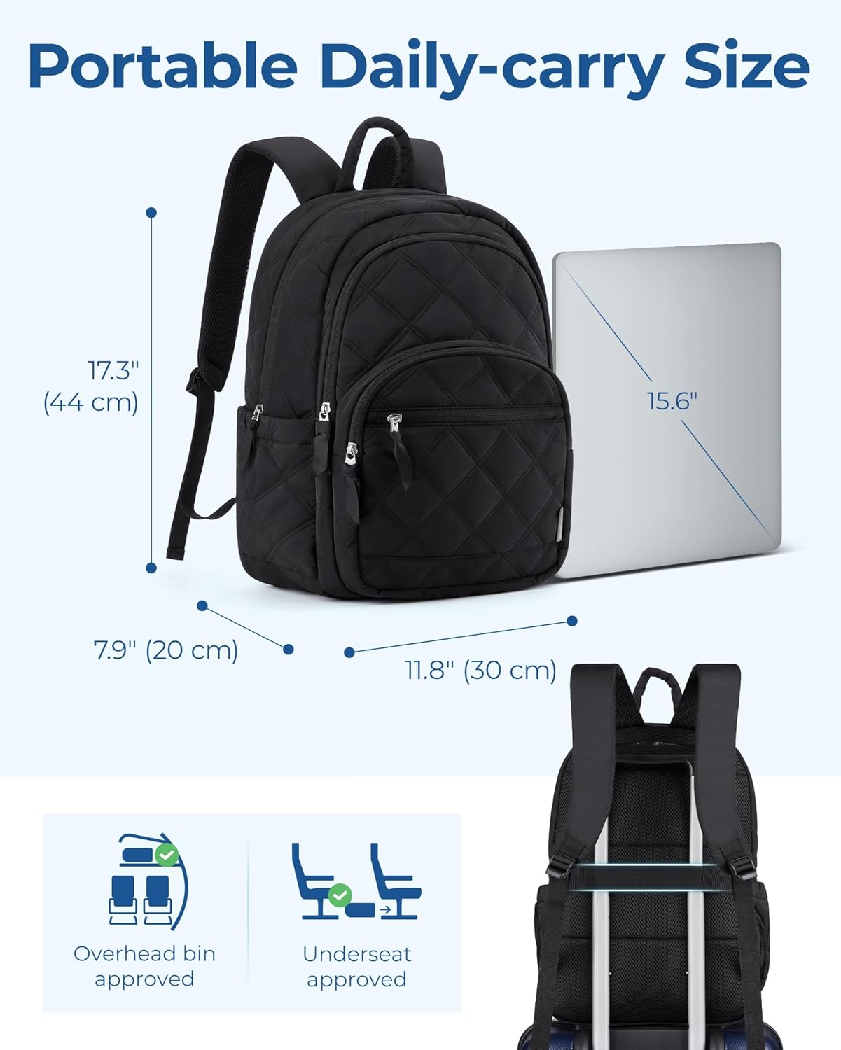 BAGSMART Travel Laptop Backpack, College Backpack for Women, Quilted Small Computer Bookbag, Water-Resistant 15.6 Inch Laptop Casual Bag, Black