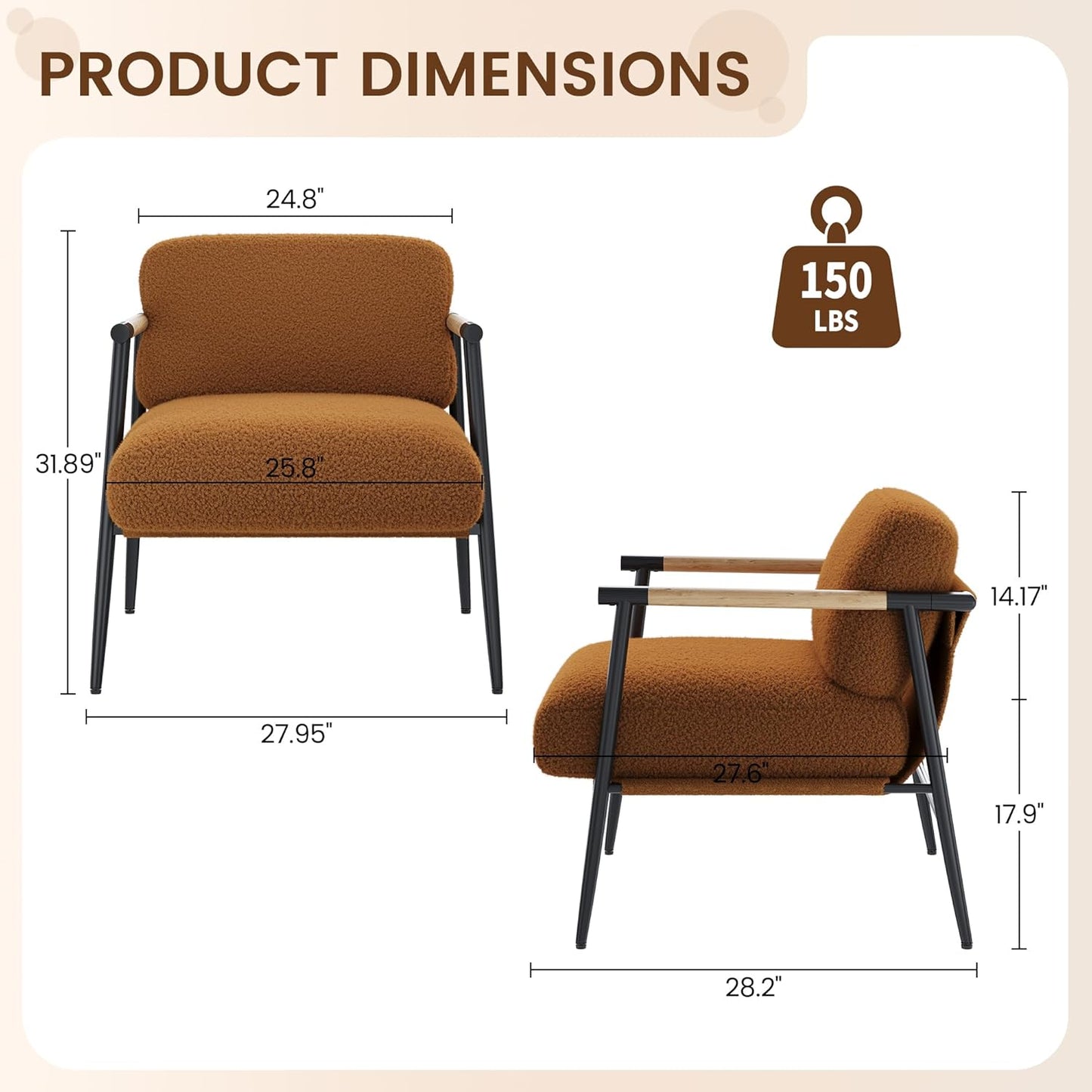 Brown Comfy Chair Set of 2, Modern Accent Chair with Metal Frame Wooden Armrest, Cozy Reading Chair with Soft Cushion for Bedroom, Living Room, Brown Set of 2