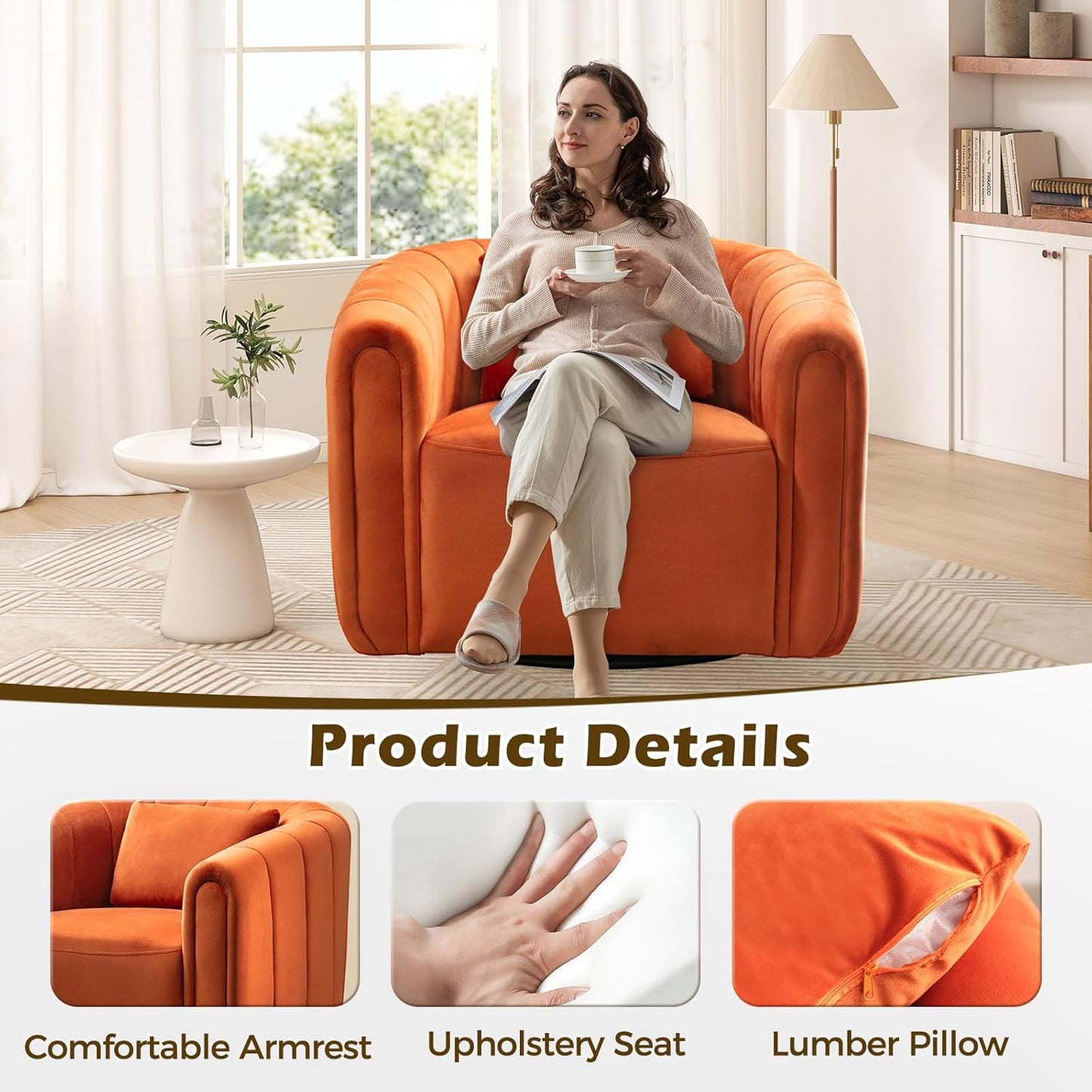 Bonzy Home Swivel Accent Chair Set of 2,Modern Velvet Barrel Chair for Living Room Bedroom,Comfy Upholstered Armchair,Orange