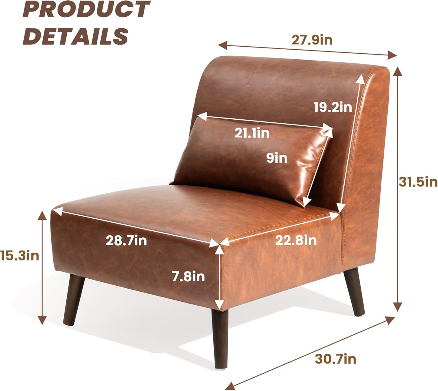 Armless Accent Chair for Living Room Mid Century Modern Brown Leather Accent Chair and a Half Oversized Slipper Chair with Pillow for Bedroom
