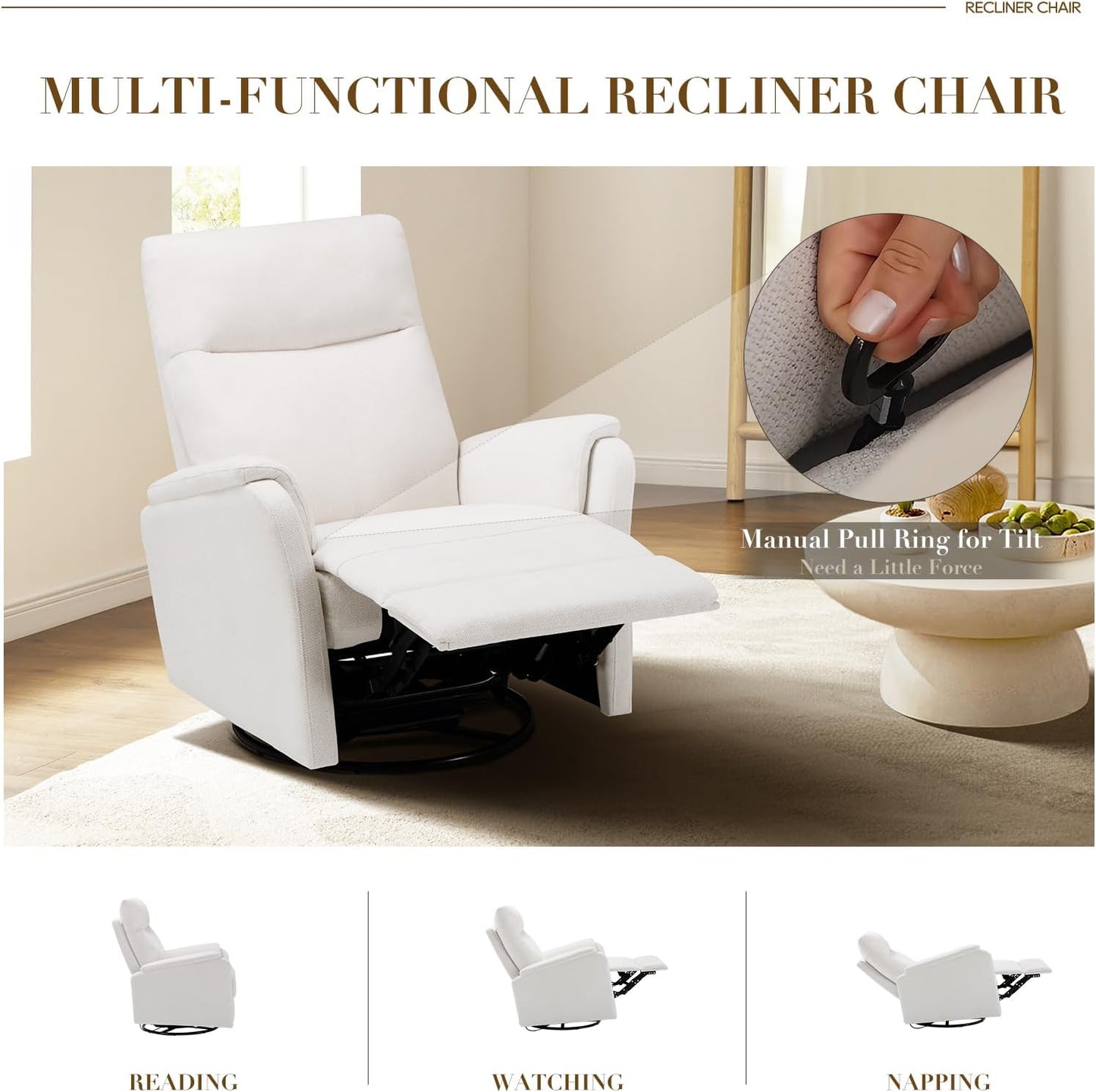 Swivel Rocking Recliner Glider Chair, Upholstered Fabric Reclining Rocker Chair with Footrest for Nursery, Living Room, Bedroom-White