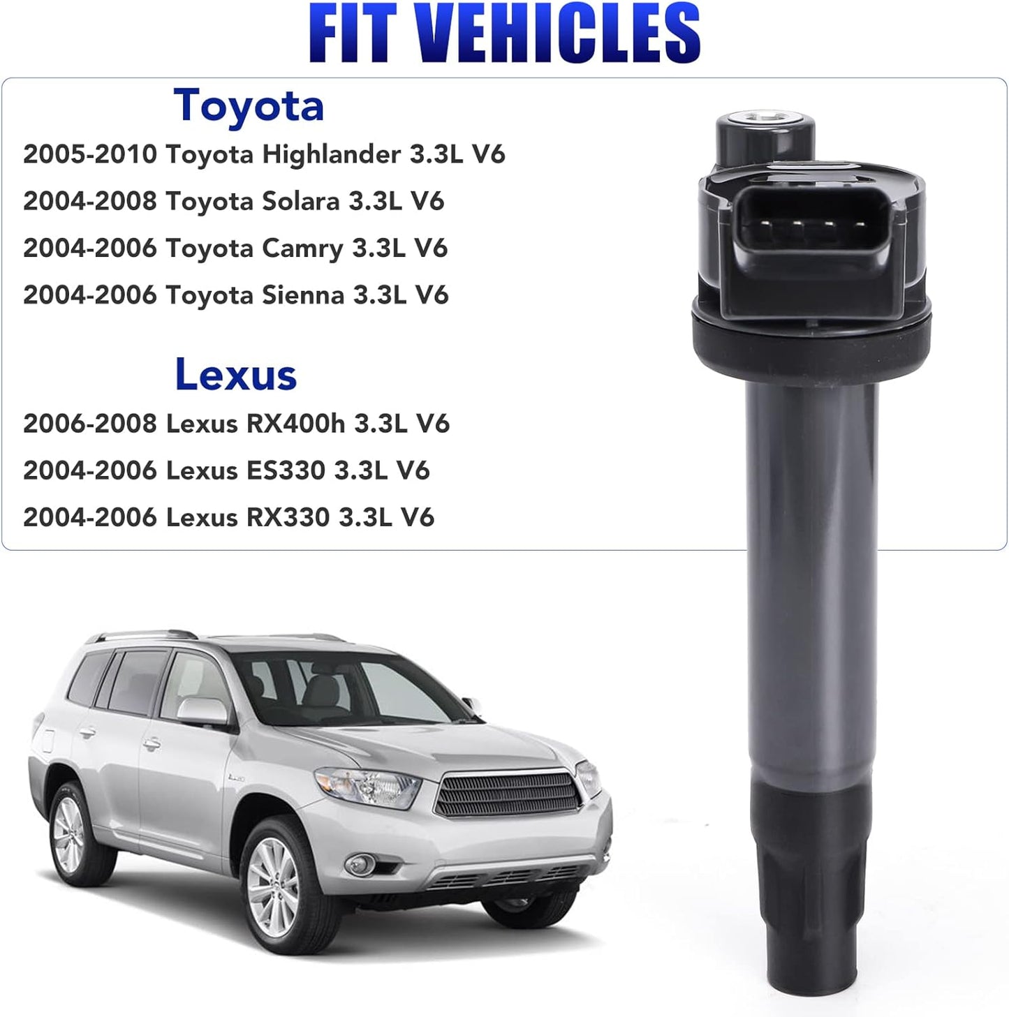 Set of 6 Ignition Coil Pack Fits for 3.3 V6 2004 2005 2006 2007 2008 Toyota Sienna Highlander Solara Lexus RX330 ES330 RX 330 ES 330 Coils 3.3L Replaces UF506