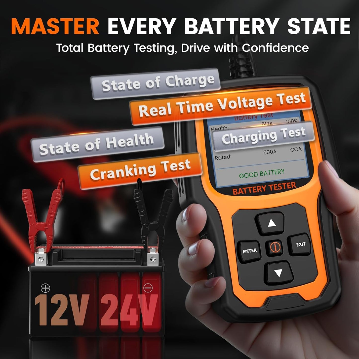 ANCEL BT410 12V/24V Car Battery Tester for Lead-Acid & Lithium Batteries 100-2000 CCA Automotive Battery Analyzer Health Cranking Charging Test for Car, Truck, SUV, RV, Boat