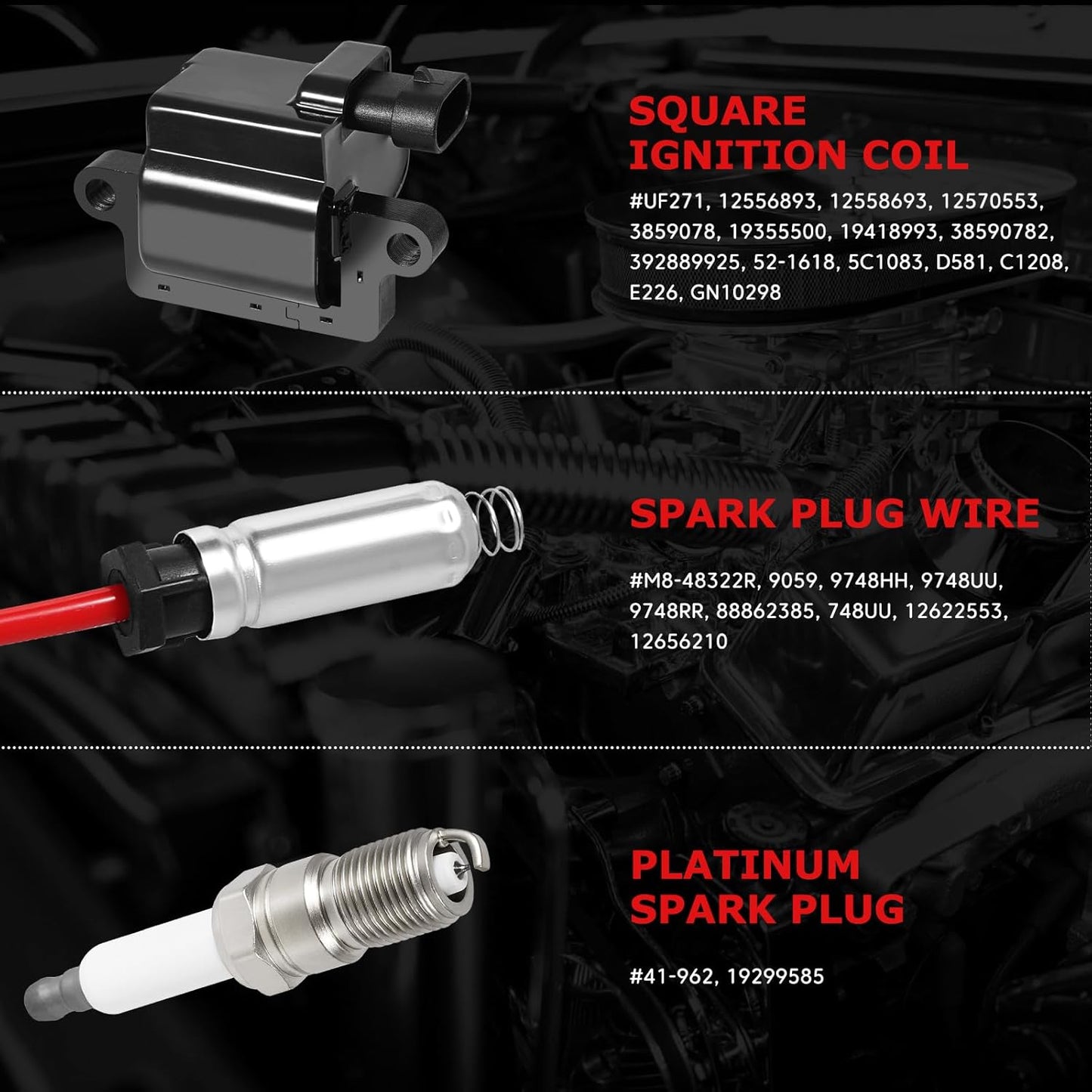 8Pcs UF271 Square Ignition Coils with 41-962 Platinum Spark Plugs & 748UU 8mm Spark Plug Wires Set Compatible with Chevy Silverado Suburba Tahoe, Cadillac, GMC Sierra Yukon 4.8L 5.3L 6.0L