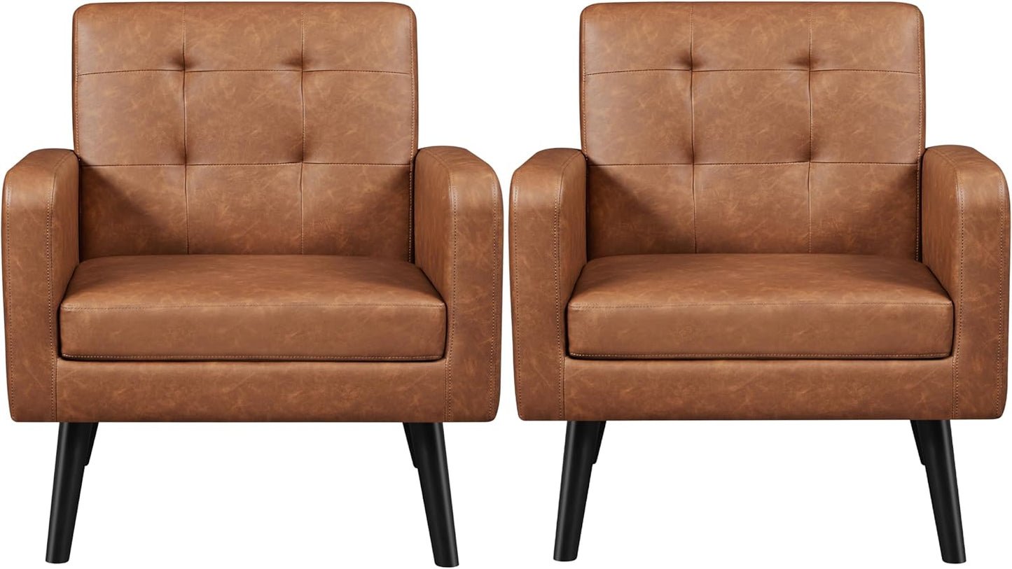 Topeakmart Mid Century Accent Chair, Modern and Cozy PU Leather Barrel Sofa Chair with Thick Cushion and Sturdy Wood Legs for Living Room/Bed Room/Office Waiting Area Beige 2PCS