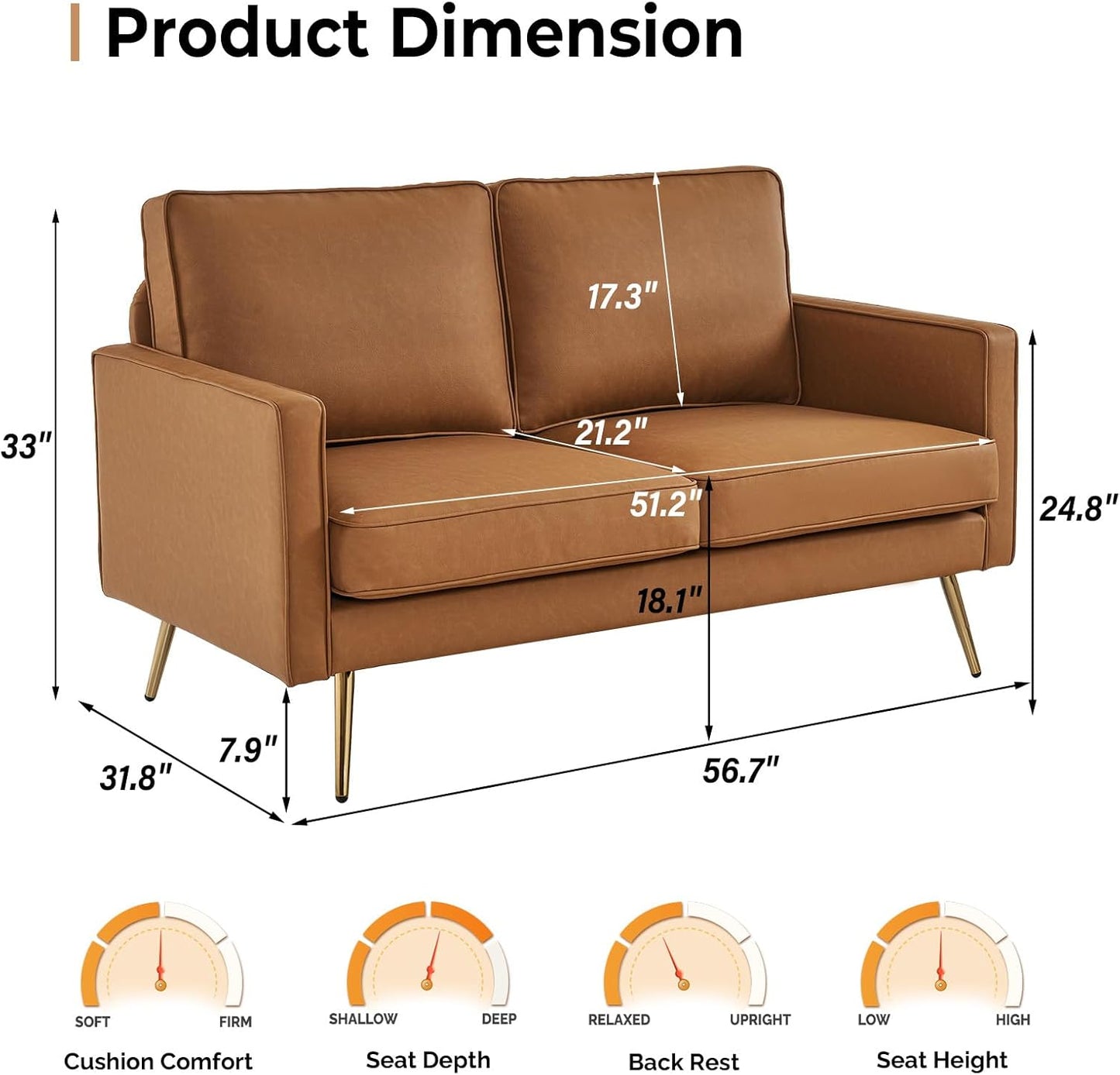 Bonnlo Modern Accent Chair, PU Leather Comfy Arm Chair Reading Chair with Golden Metal Legs and Deep Seat for Living Room Bedroom (Cognac, 56.7''W)