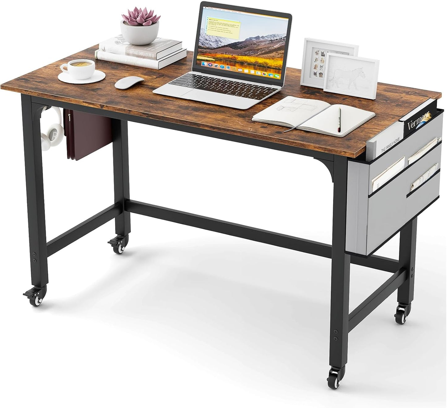 Tangkula 48” Mobile Computer Desk with Storage Bag & 2 Hanging Hooks, Rolling Home Office Writing Study Desk, Rolling PC Workstation with Lockable Universal Casters for Study Room, Bedroom
