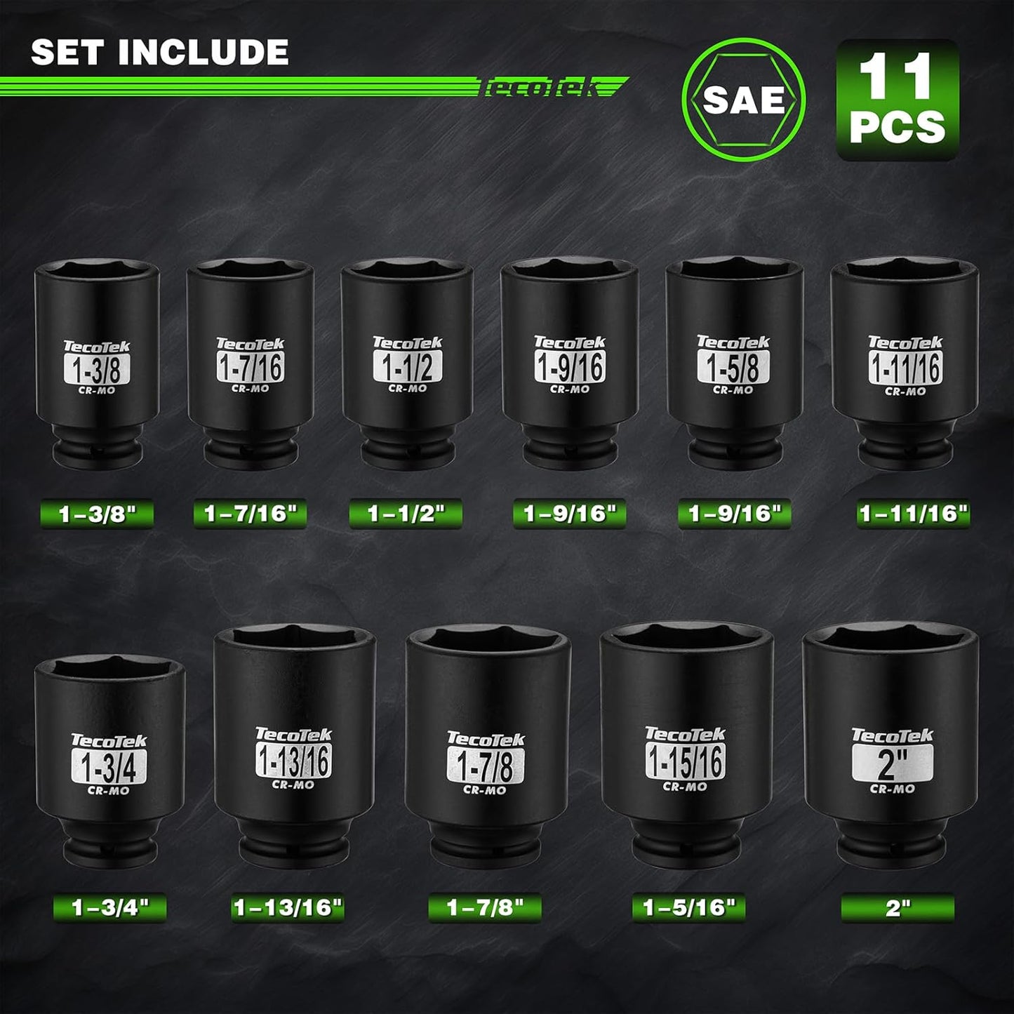 1/2" Drive Deep 6-Point Impact Socket Set, 11-Piece Standard SAE Spindle Axle Nut Impact Socket Set, Cr-Mo, 1-3/8-Inch to 2-Inch Size