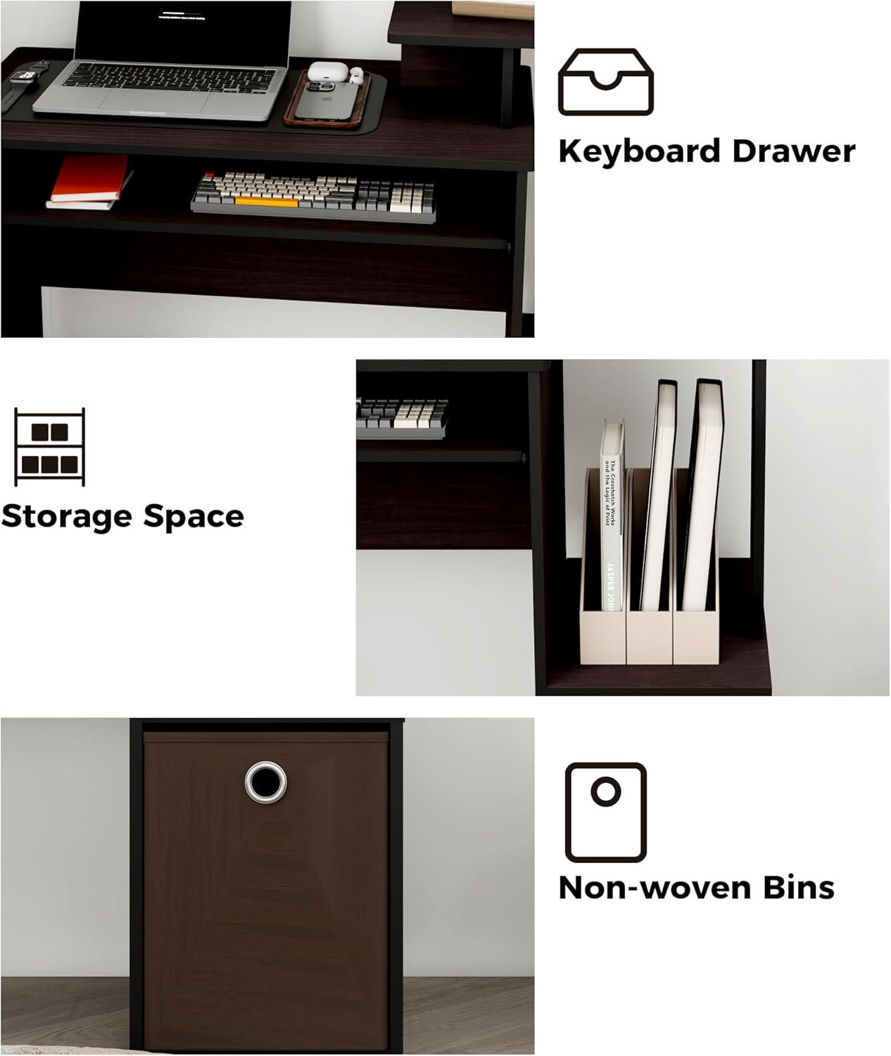 Small Computer Desk for Bedroom, Home Office Desk with Drawers Storage Shelves for Living Room Study Bedroom, Dark Walnut/Brown