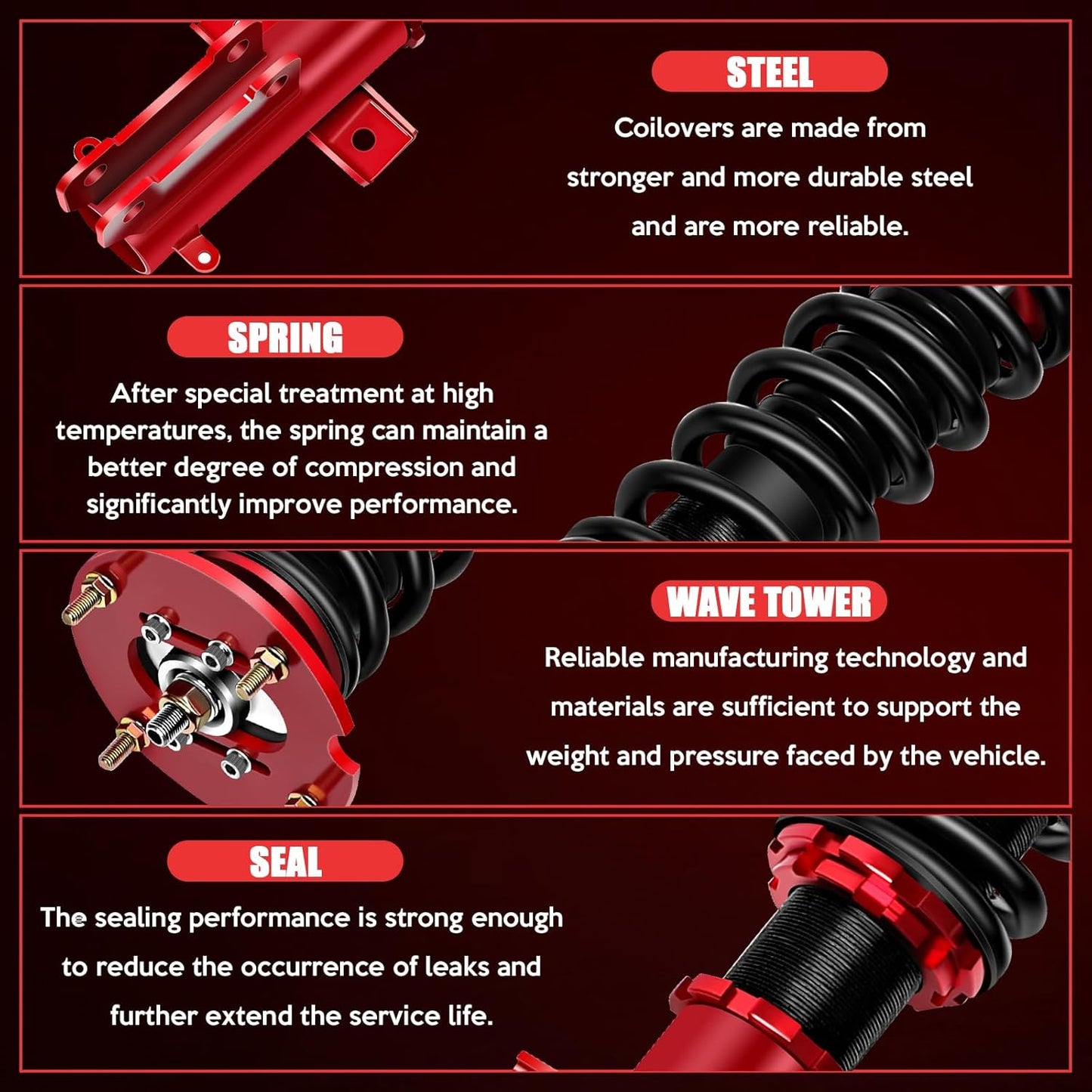 Adjustable Coilover Struts Fit for Ford for Mustang 2005-2014 Replace Coilover Struts Shock Struts Kits Assembly(Red)