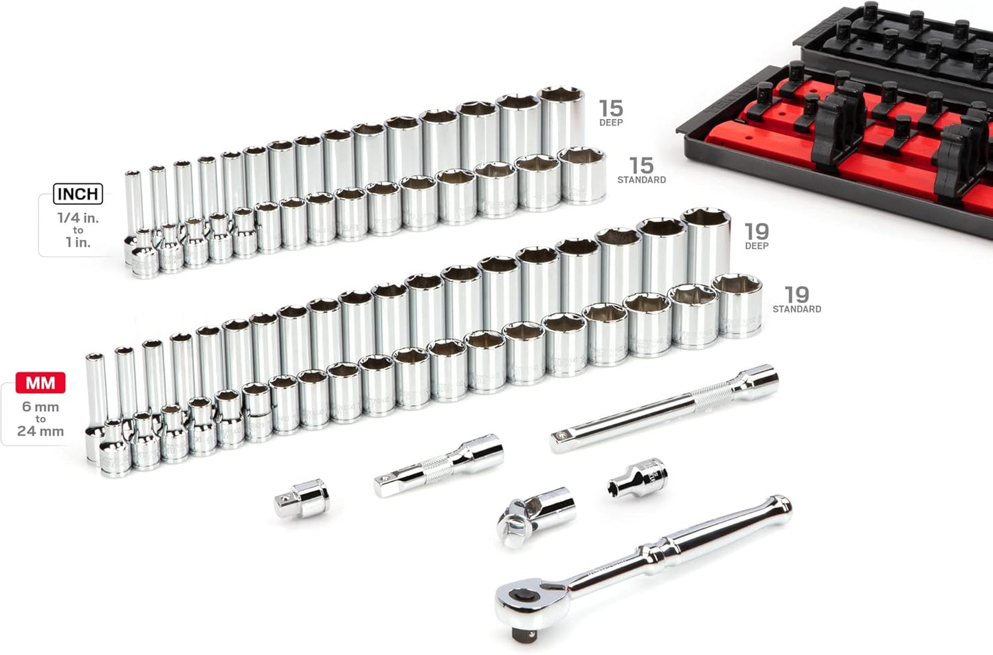 TEKTON 3/8 Inch Drive 6-Point Socket and Ratchet Set with Rails and Trays, 74-Piece (1/4-1 in., 6-24 mm) | SKT13301