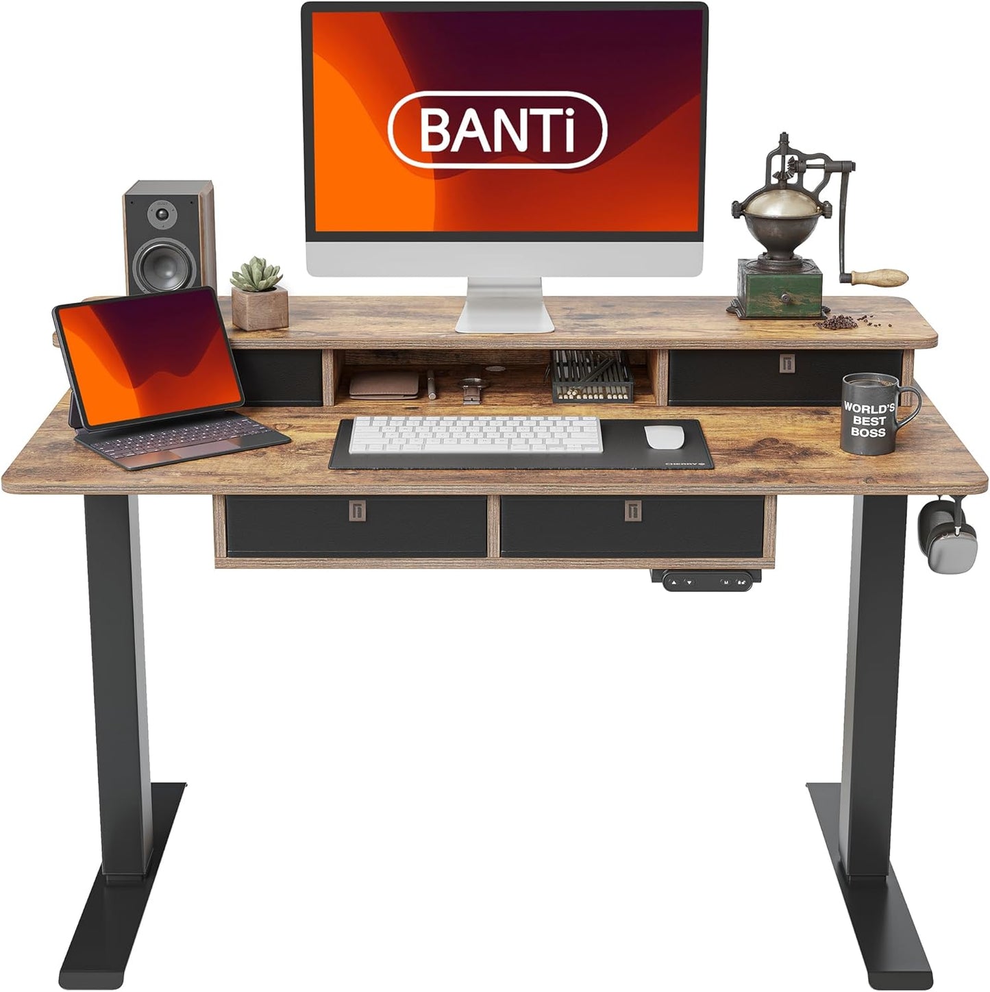 BANTI Height Adjustable Electric Standing Desk with 4 Drawers, 48 x 24 Inch Table with Storage Shelf, Sit Stand Desk, Black Top