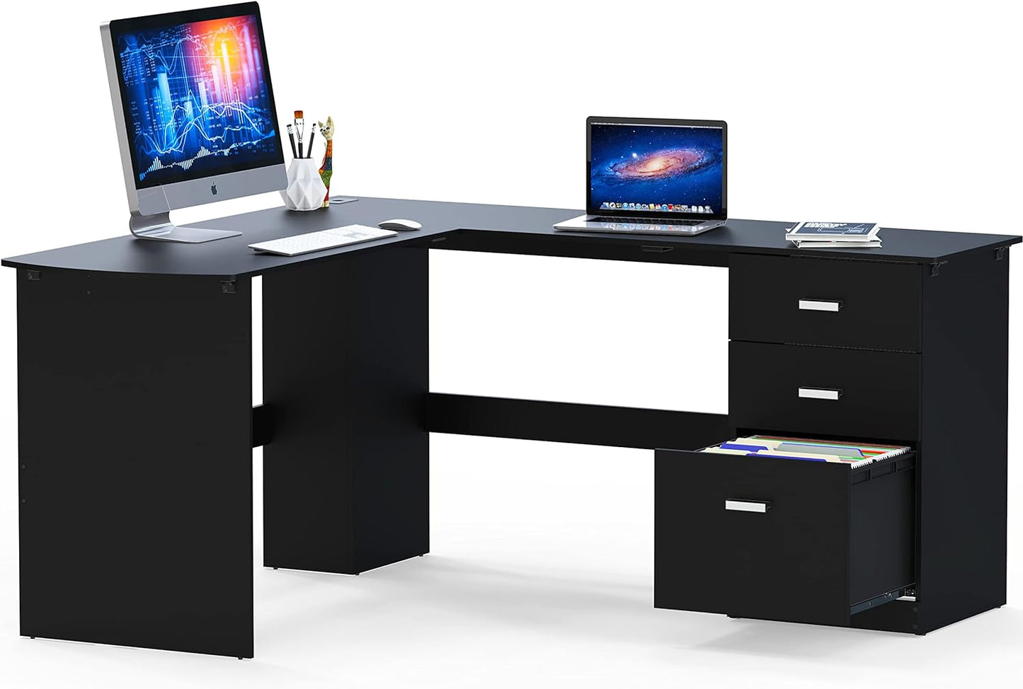 SHW 51 x 59 Inches L-Shaped Home Office Wood Corner Desk with Box Box File Drawers, Black