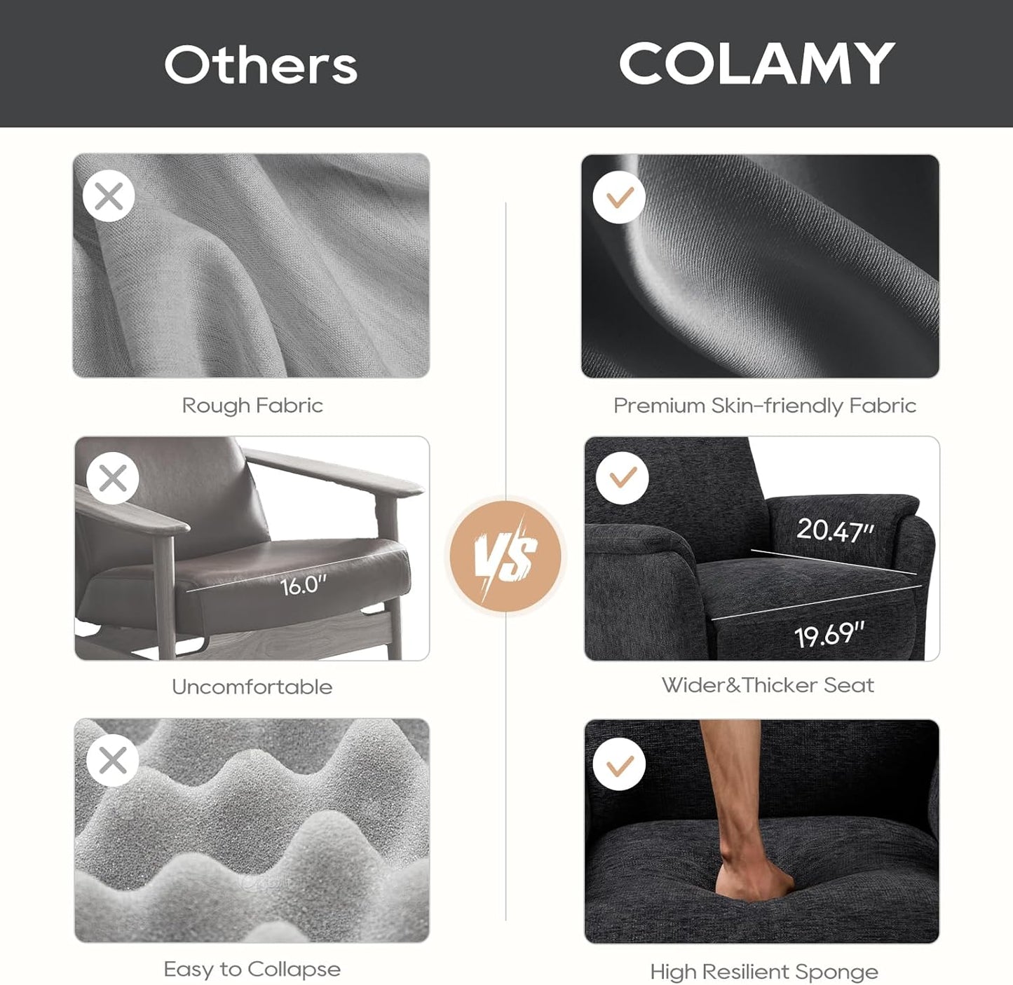 COLAMY Recliner Chair, Living Room Glider Chairs Home Theater Seat with Footrest Cushion, Swivel Adjustable Modern Bedroom Sofa Couch Chair, Darkgrey