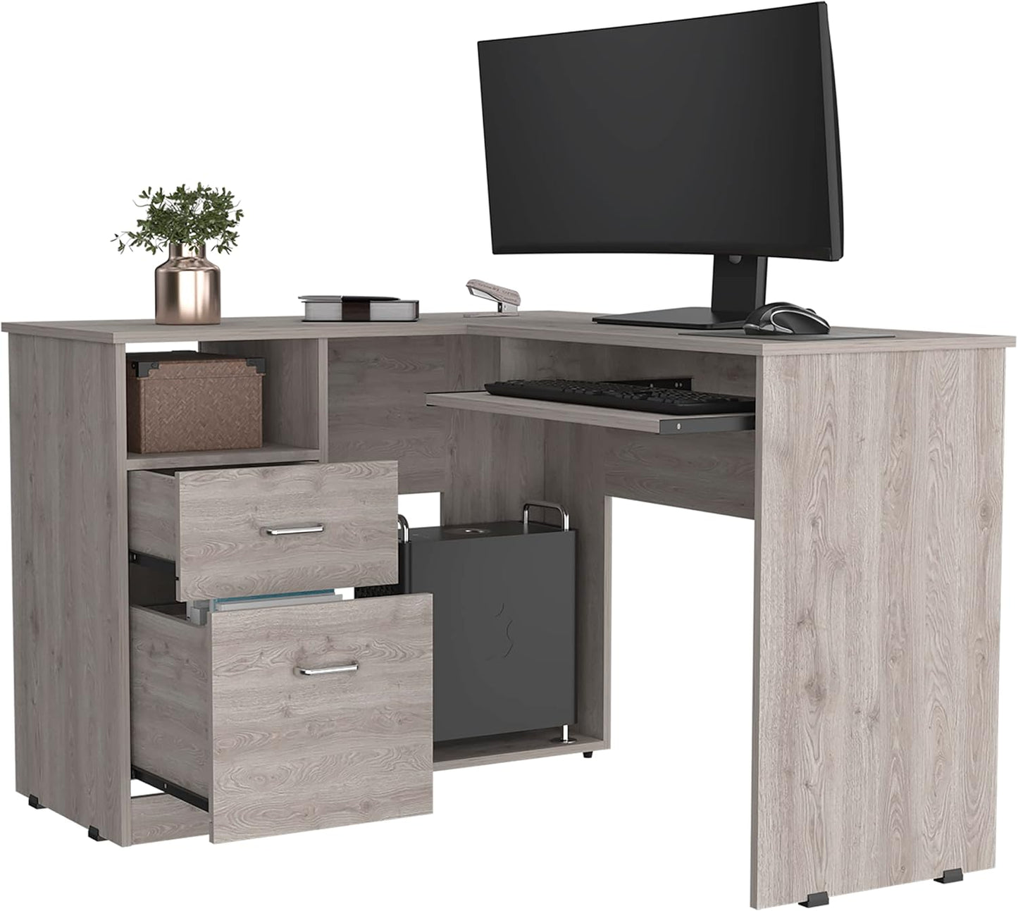 Bellemave L Shaped Desk, Computer Desk with Drawers, Keyboard Tray and Monitor Stand, Home Office Desks with Storage, Study Desk Writing Table, Corner Gaming Desk, Gray