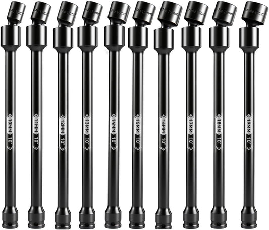 BLACKROBOT 10-Inch 3/8" Drive Impact Swivel Extension Socket Set - Pinless Universal Joint, Metric Size (10-19mm), 6-Point, Cr-Mo Steel