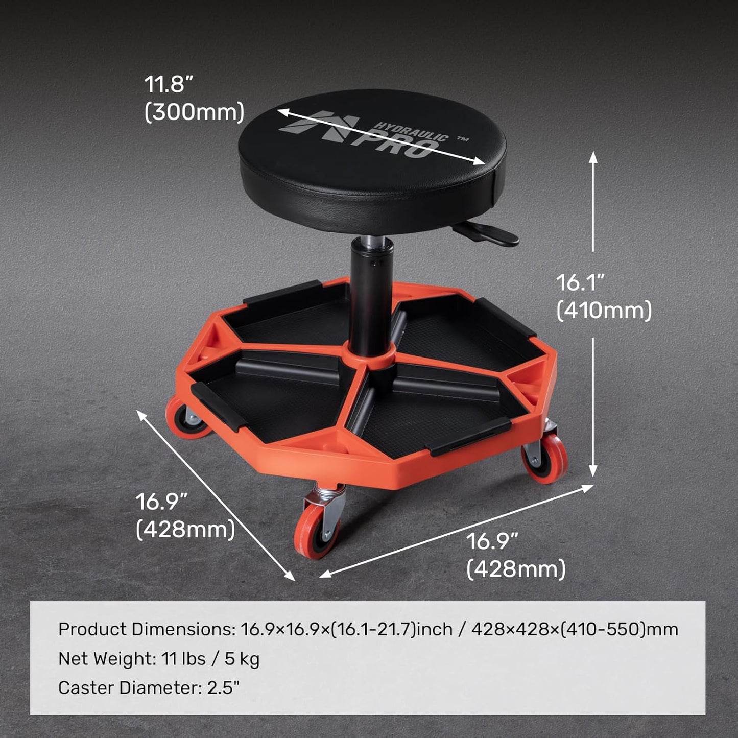 Adjustable Height Rolling Mechanic Stool, 300 LBS Garage Chair on Wheels, Rolling Workshop Stool with Cushioned Seat and Tool Trays, Ideal for Garage, Workshop, and Auto Repair