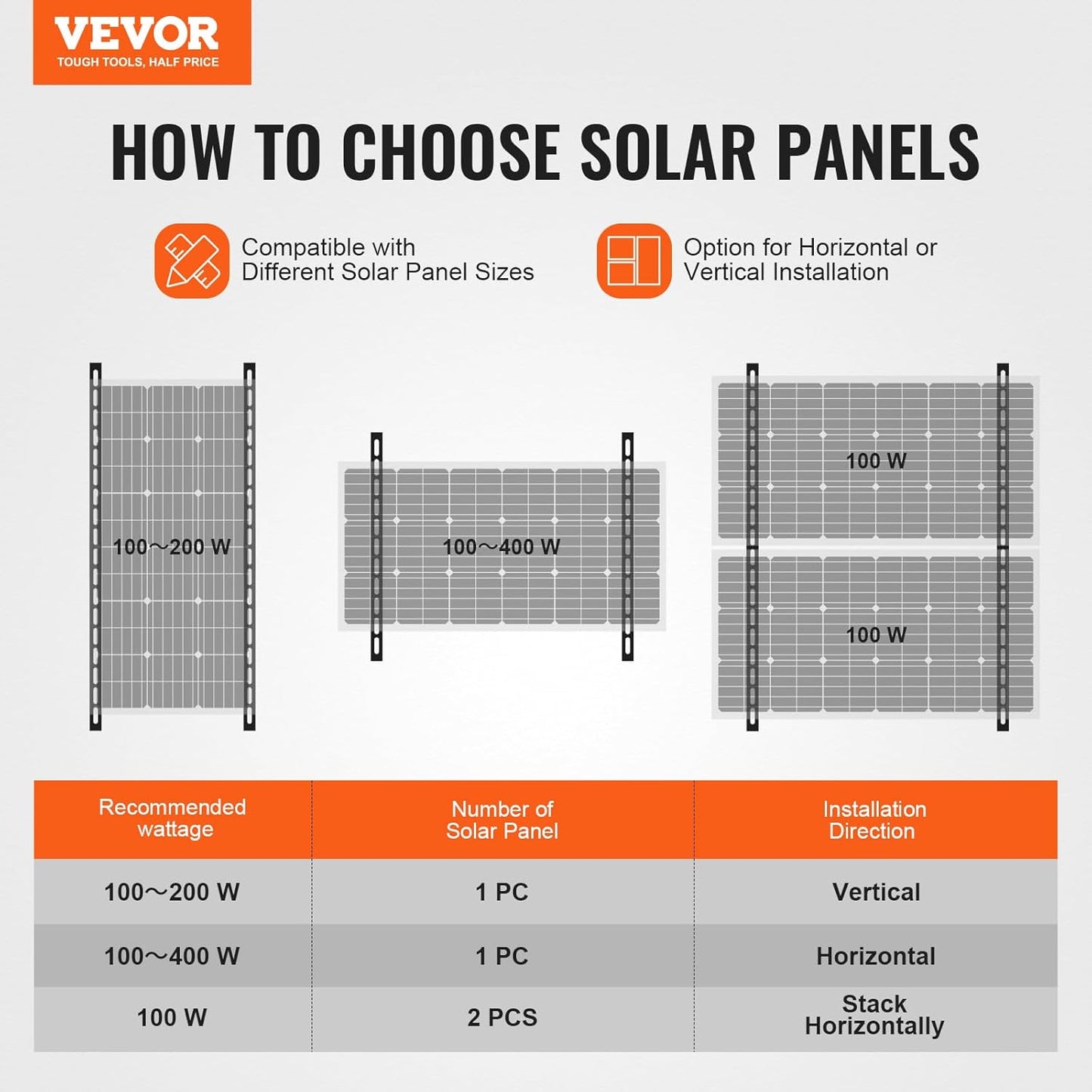 VEVOR 2 Sets Solar Panel Mounting Brackets - 45-Inch, 0 to 90 Adjustable Tilt Mounts Support 100-400W Solar Panels, Lightweight Aluminum Brackets with Folding Tilt Legs for RV, Boat, Off-Grid