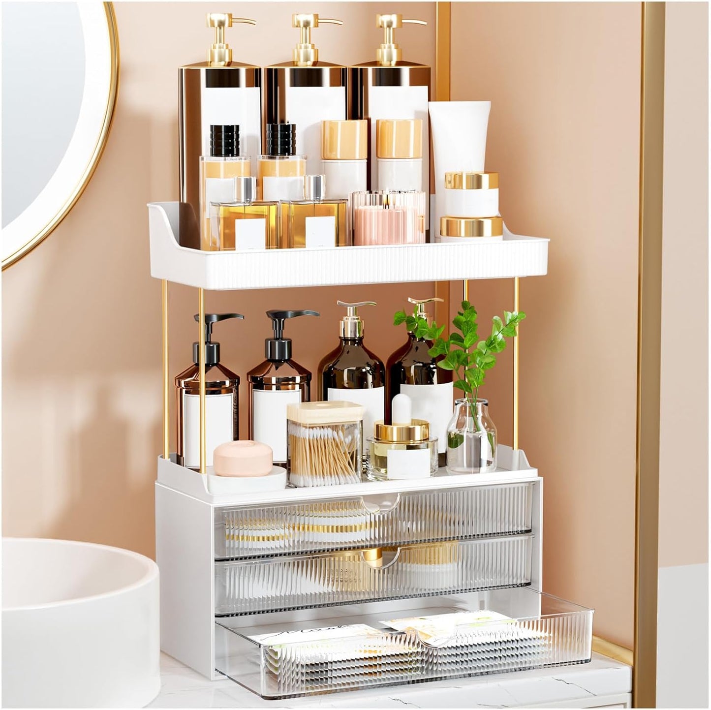 3 Drawers Makeup Organizer - 5 Tier Bathroom Organizers and Storage, Versatile Perfume Vanity Organizer, Ideal for Cosmetic, Large Skincare, Face Mask, Office Supplies, Amber