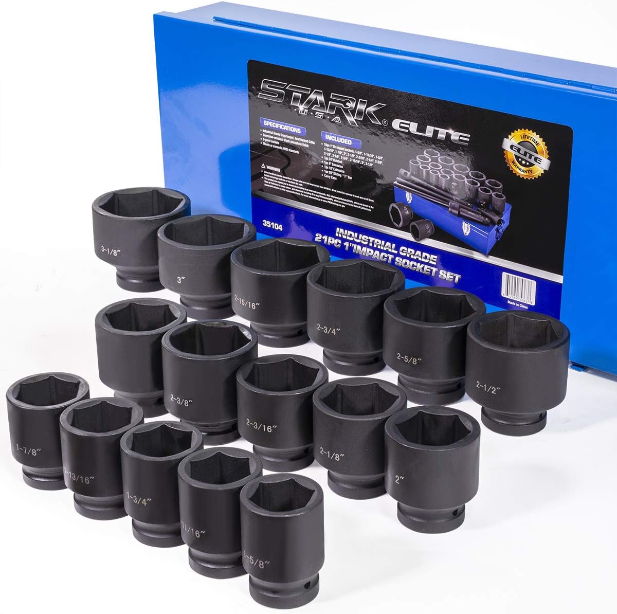 Stark USA Premium 21-Pieces SAE Jumbo Impact Socket Set 1" inch Drive Extension Bar Cr-Mo 6-Point Socket with Carrying Case