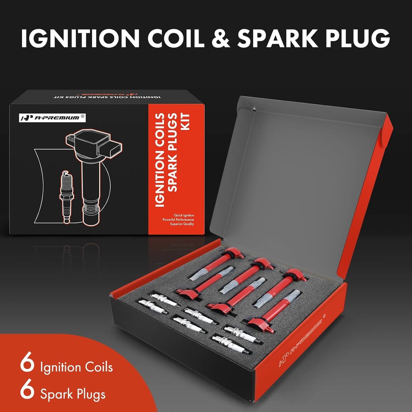 A-Premium Set of 6 (Red) Ignition Coil Pack Iridium Spark Plug Compatible with Chrysler 300 2006-2010, Sebring 2006-2010, Town & Country 2008-2010 & Dodge Avenger 2008-2010