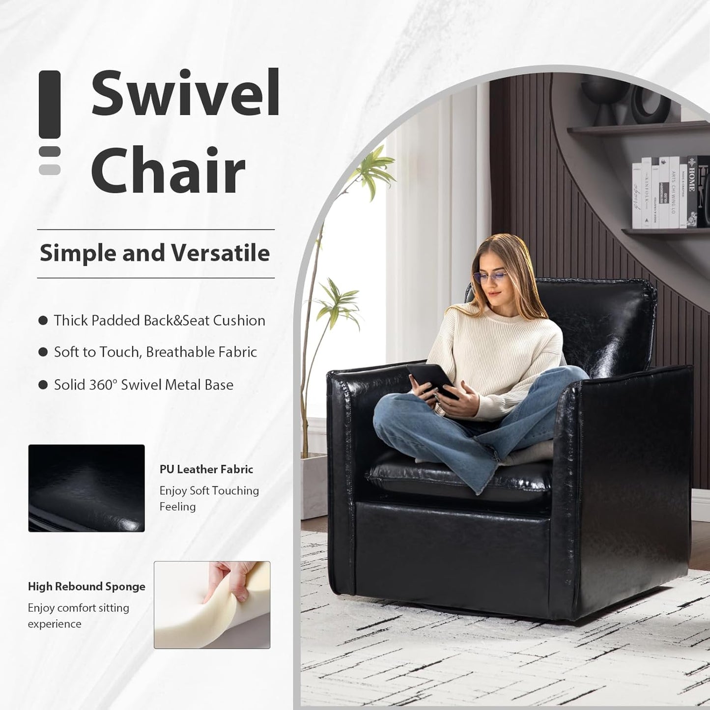 Swivel Accent Chair Set of 2, Leather Upholstered Arm Chair with Back Pillow Mid Century Modern Barrel Chairs for Living Room, Bedroom, Corner, Club (Black)