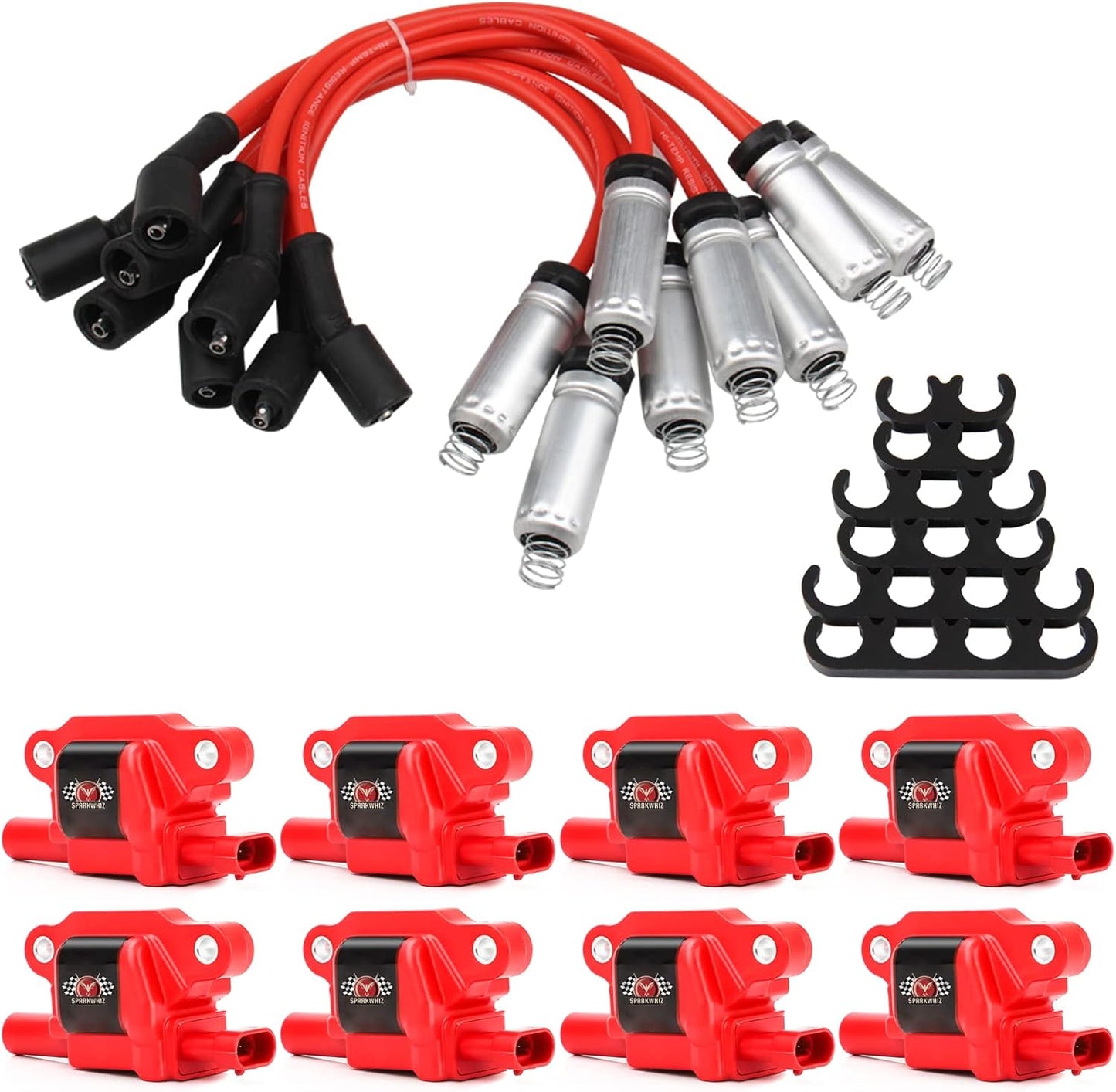 Set of 8 Round Ignition Coil UF414 + 748UU Spark Plug Wire Set, Compatible with Chevrolet GMC Pontiac Impala Corvette Tahoe Express Escalade Silverado 1500 2500 3500, Replacement for C1512 UF414 D514A