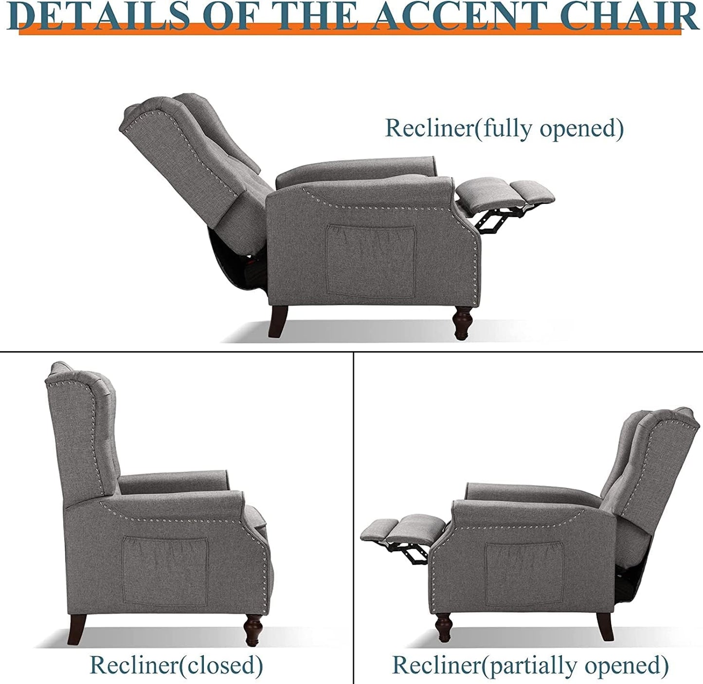 Wingback Recliner Chair Set of 2 with Massage and Heat, Push Back Accent Armchair with Adjustable Backrest, Nailhead Trim, Upholstered Fabric Chair for Living Room, Small Spaces(Light Gray)