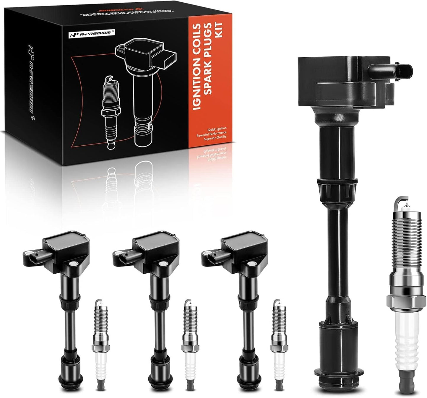 A-Premium Set of 4 Ignition Coil Pack and Iridium Spark Plugs Compatible with Ford Escape 2013-2016, Fusion 2013-2014, Fiesta 2014-2019, Transit Connect 2014-2016, 1.6L