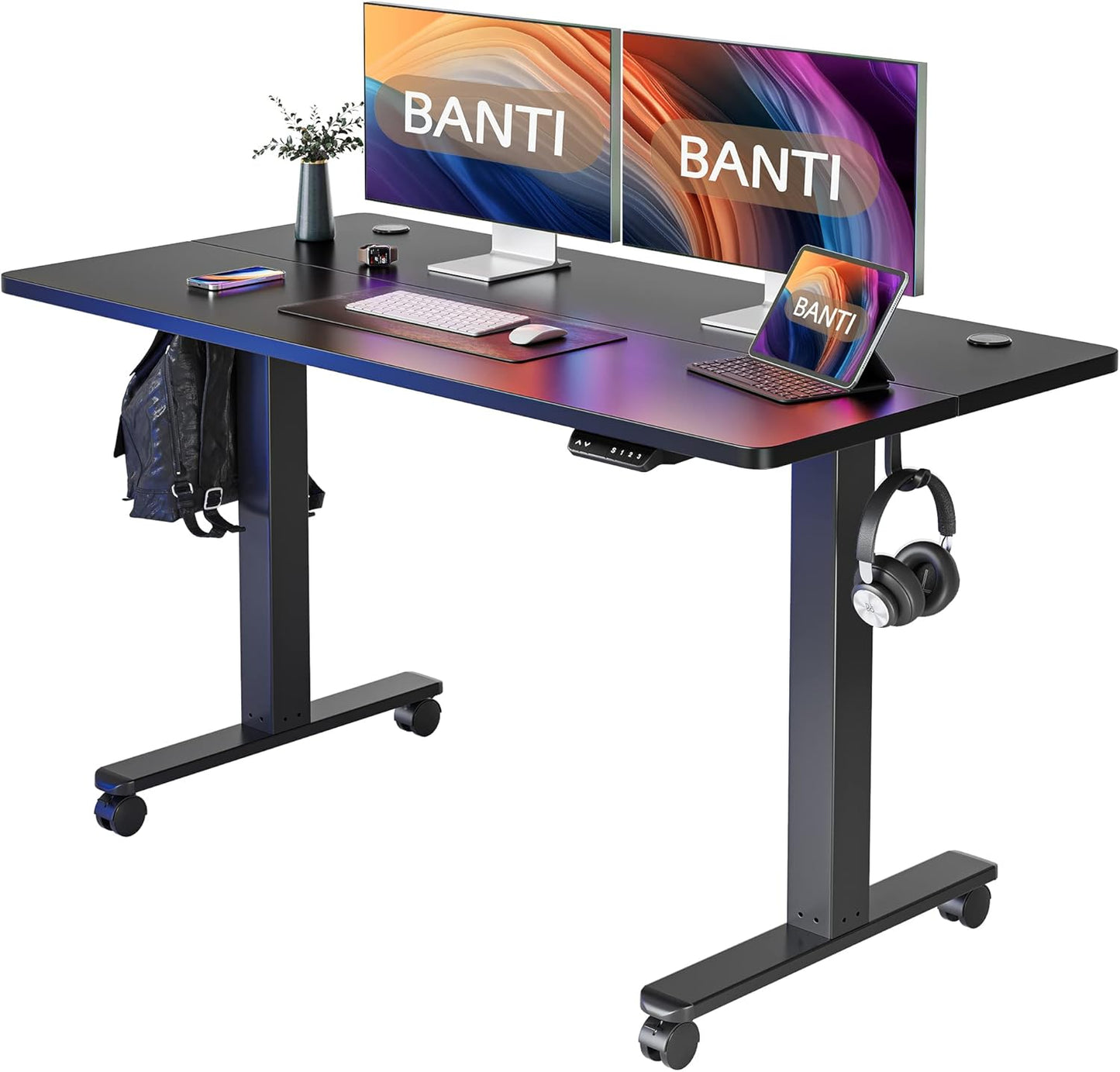 BANTI 55''x24''Height Adjustable Electric Standing Desk, Stand up Table, Sit Stand Home Office Desk with Splice Board, Rustic Brown Top