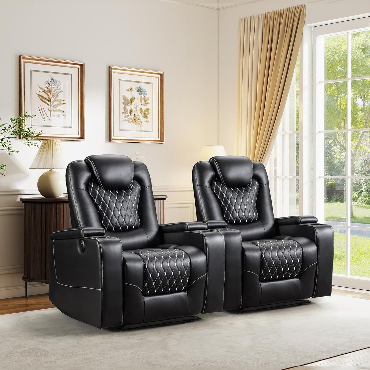 ANJ Power Recliner Chair with USB Ports and Cup Holders - Overstuffed Electric Home Theater Seating PU Leather Reclining Furniture with Hidden Arm Storage, Easy to Clean (Black)
