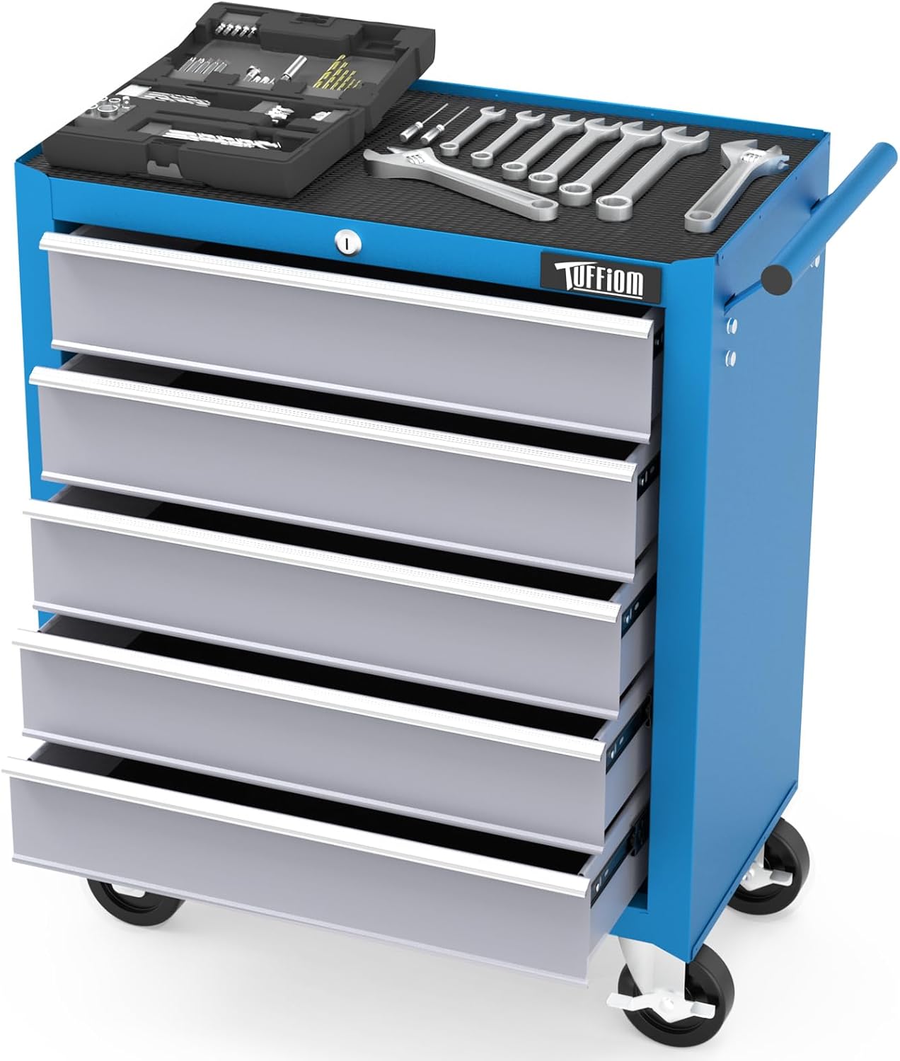 TUFFIOM 5-Drawer Rolling Tool Chest w/Drawers & Lock, Tool Storage Cabinet with Lockable Wheels, Top Cushion & Drawer Liners, Tool Organizer Box for Garage, Warehouse & Repair Sho