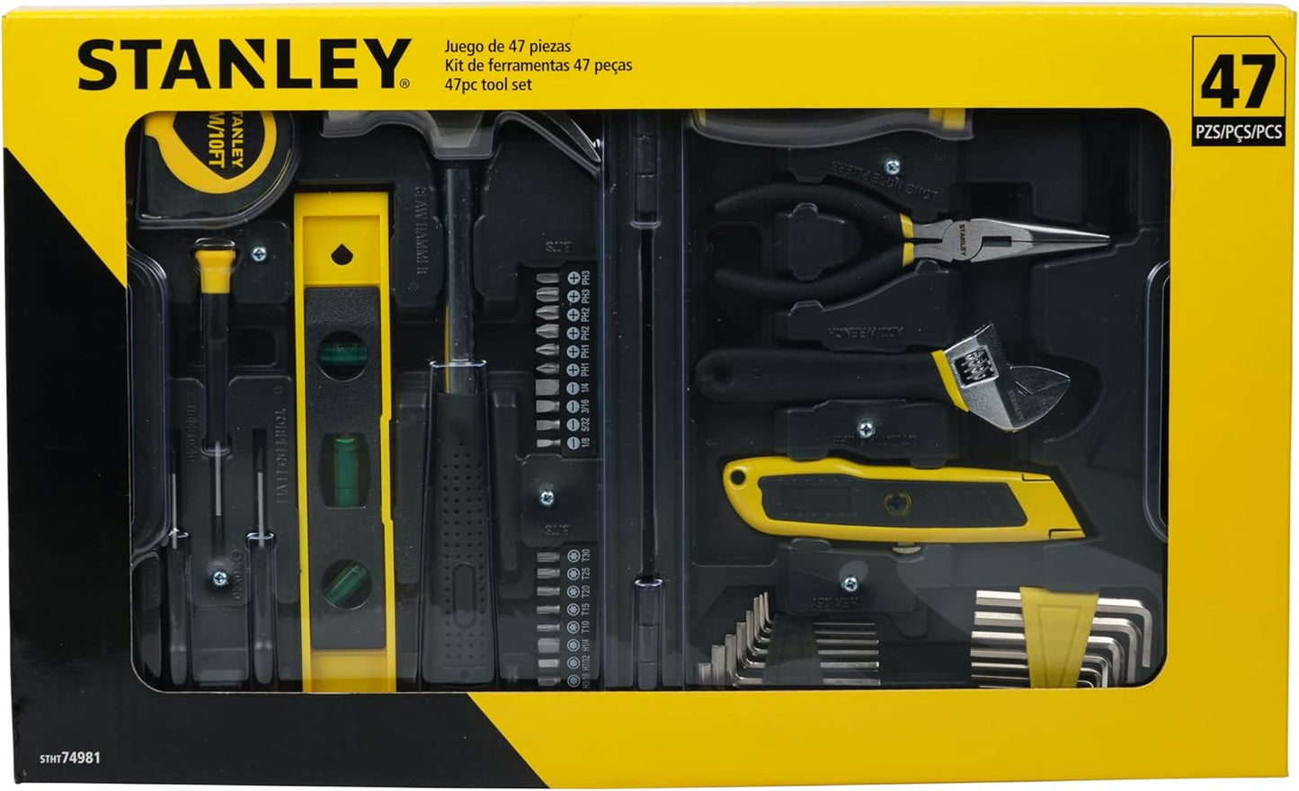 STANLEY STHT74981 Small Home Tool Kit For Home & DIY Use(47-pieces) - Includes Screwdriver, Hammer, Wrench, Pliers, Measurement Tape, Knife, Magnetic Drivers, Tool Box