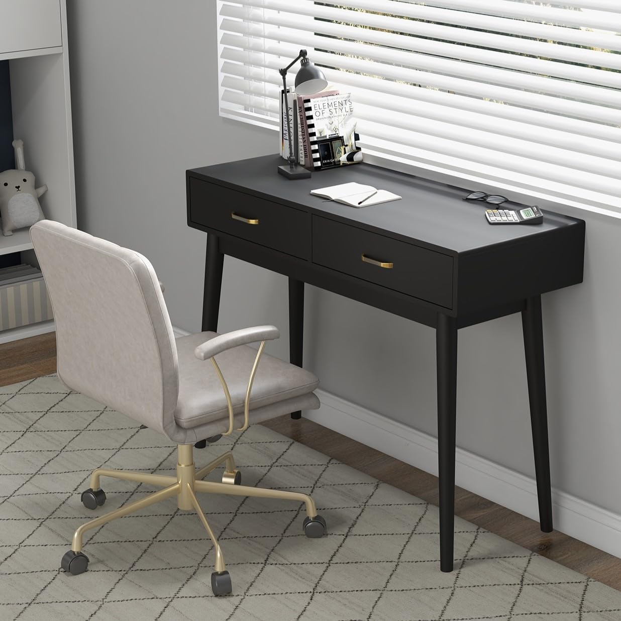 Black Small Writing Desk with Drawers, 40 Inch Writing Desk for Home Office, Vanity Desk with Solid Wood Leg for Small Spaces