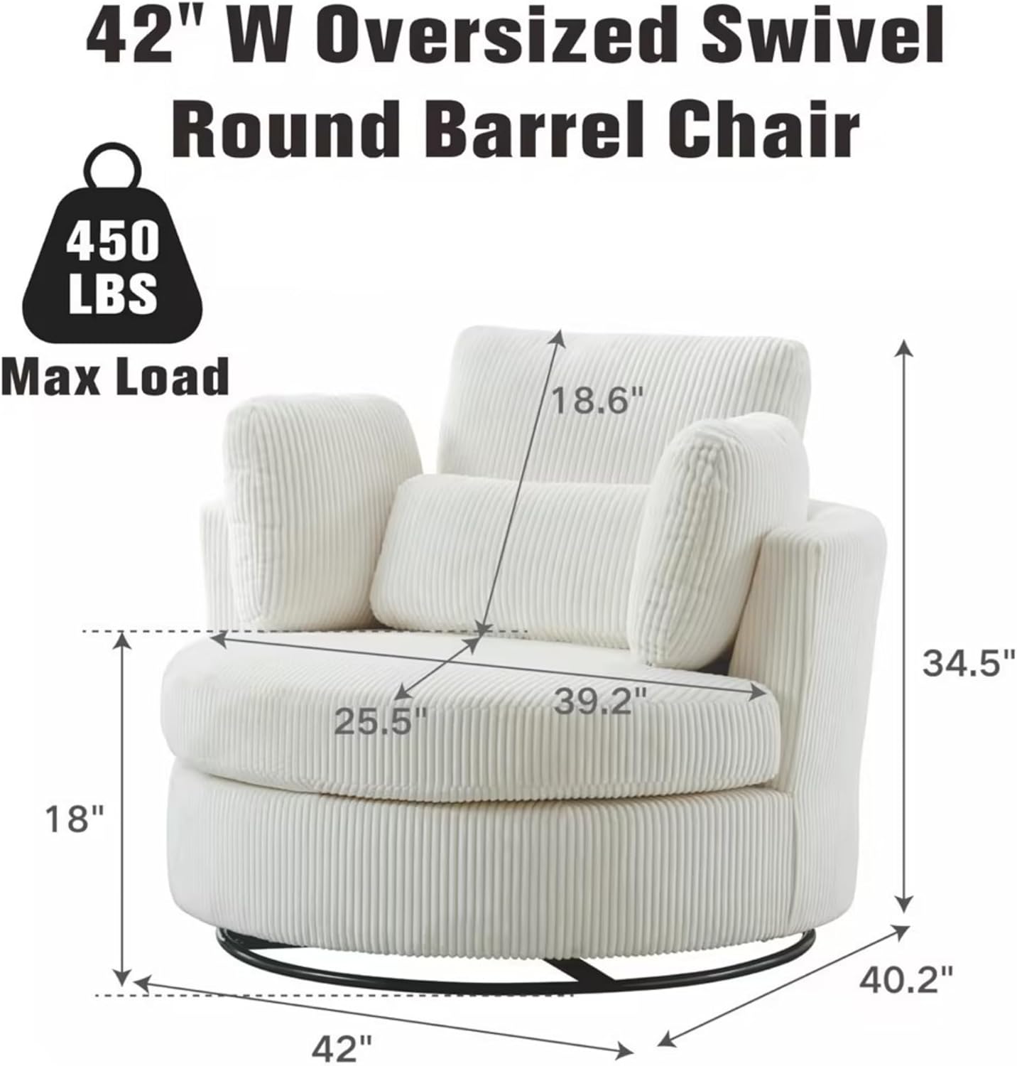 Sinzho & Wiyfun 42" Oversized Swivel Accent Chair Upholstered Striped Corduroy Large Round Barrel Chair with 4 Pillows for Living Room, Ivory